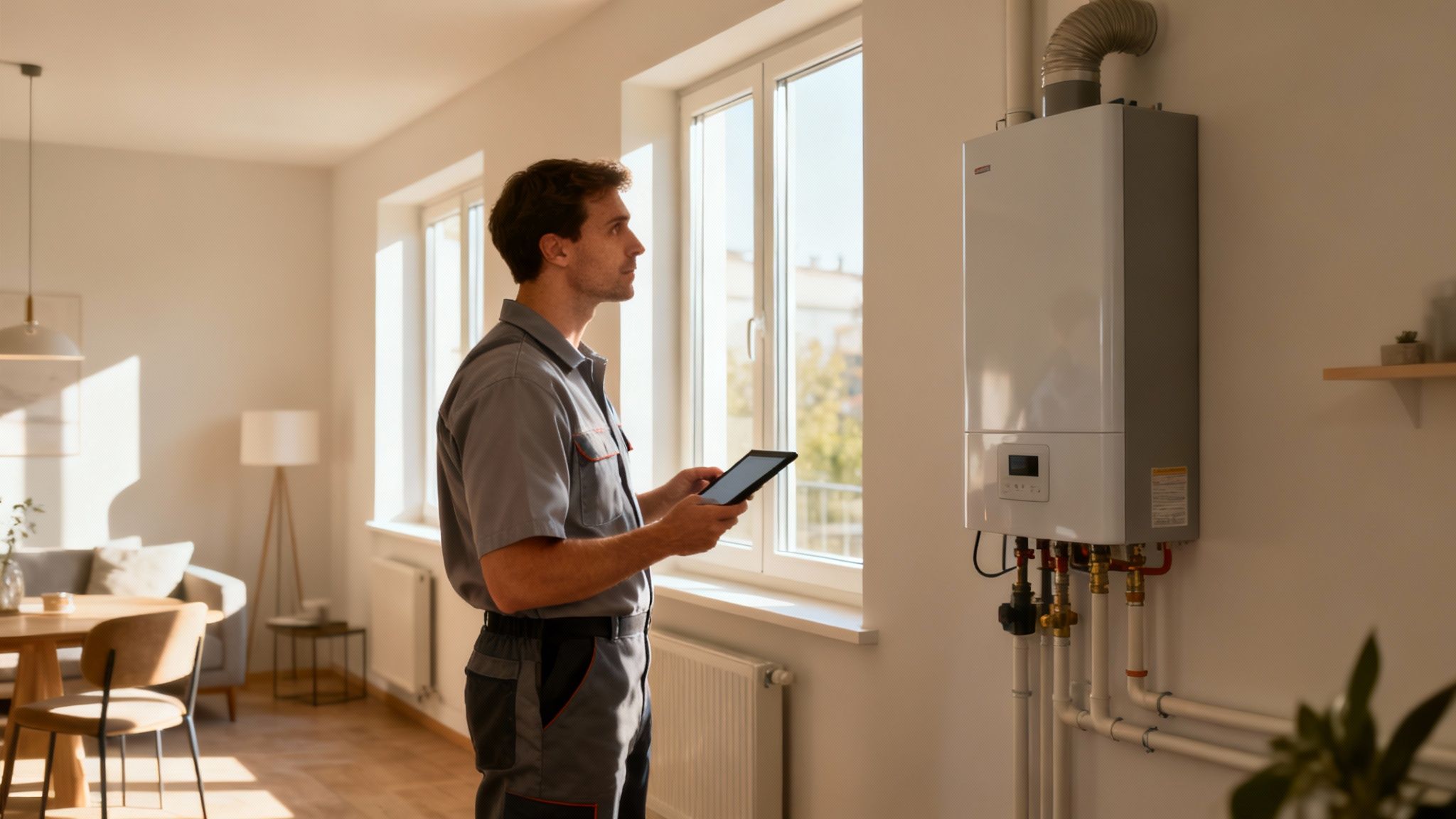 Un técnico utilizando una tablet para tomar notas durante la visita para el certificado energético de un piso en Valencia.