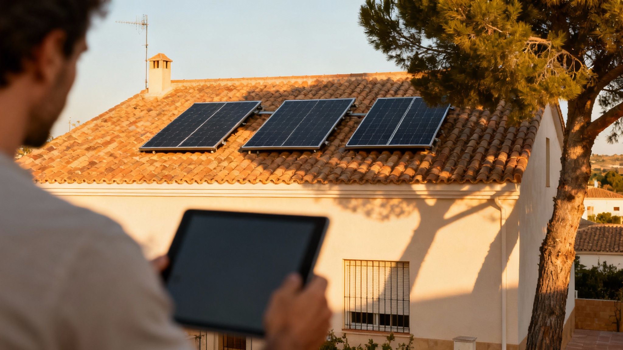 Certificados Energéticos | Guía Definitiva: Cálculo de Placas Solares en Valencia Hombre usando una tablet para monitorear los paneles solares instalados en el tejado de su casa al atardecer.