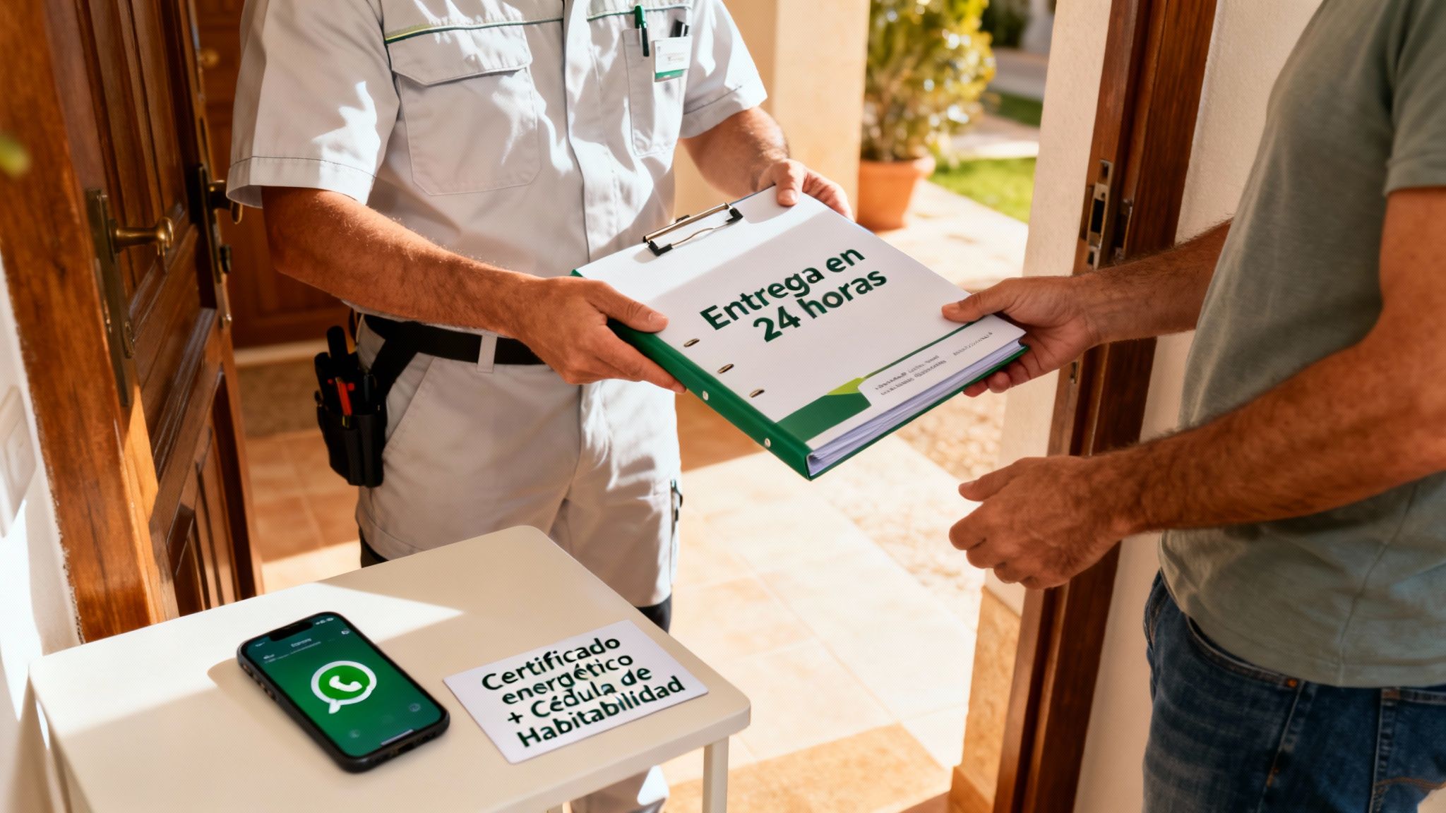 Certificados Energéticos | Cedula de habitabilidad y Certificado Energetico: Guía rápida para Valencia Hombre entrega carpeta verde con 'Entrega en 24 horas' a cliente, cerca de un cartel de 'Certificado energético y Cédula de Habitabilidad'.