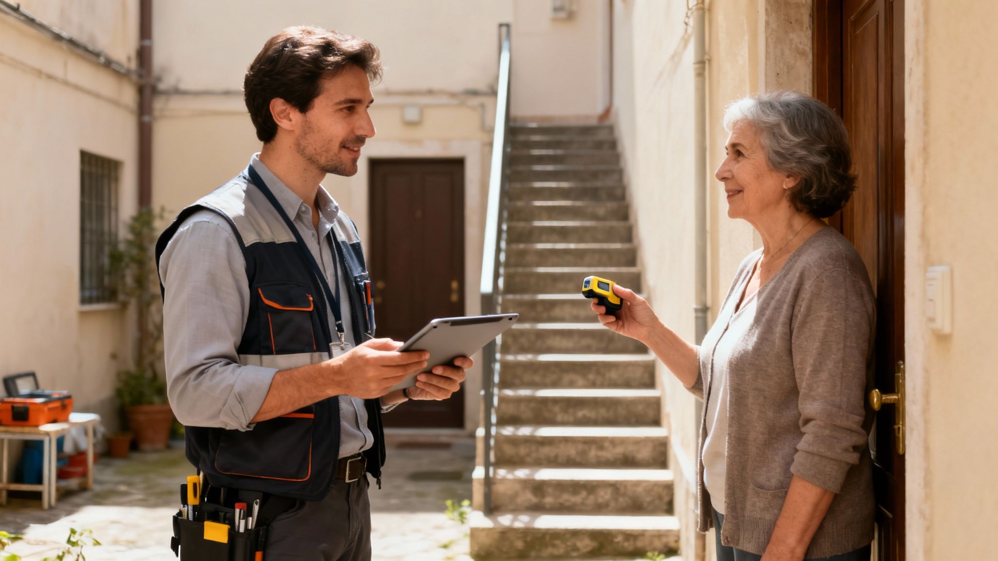 Certificados Energéticos | Guía del Informe de Evaluación del Edificio en Valencia Técnico con tableta habla con mujer mayor que sostiene un dispositivo, en la entrada de un edificio.
