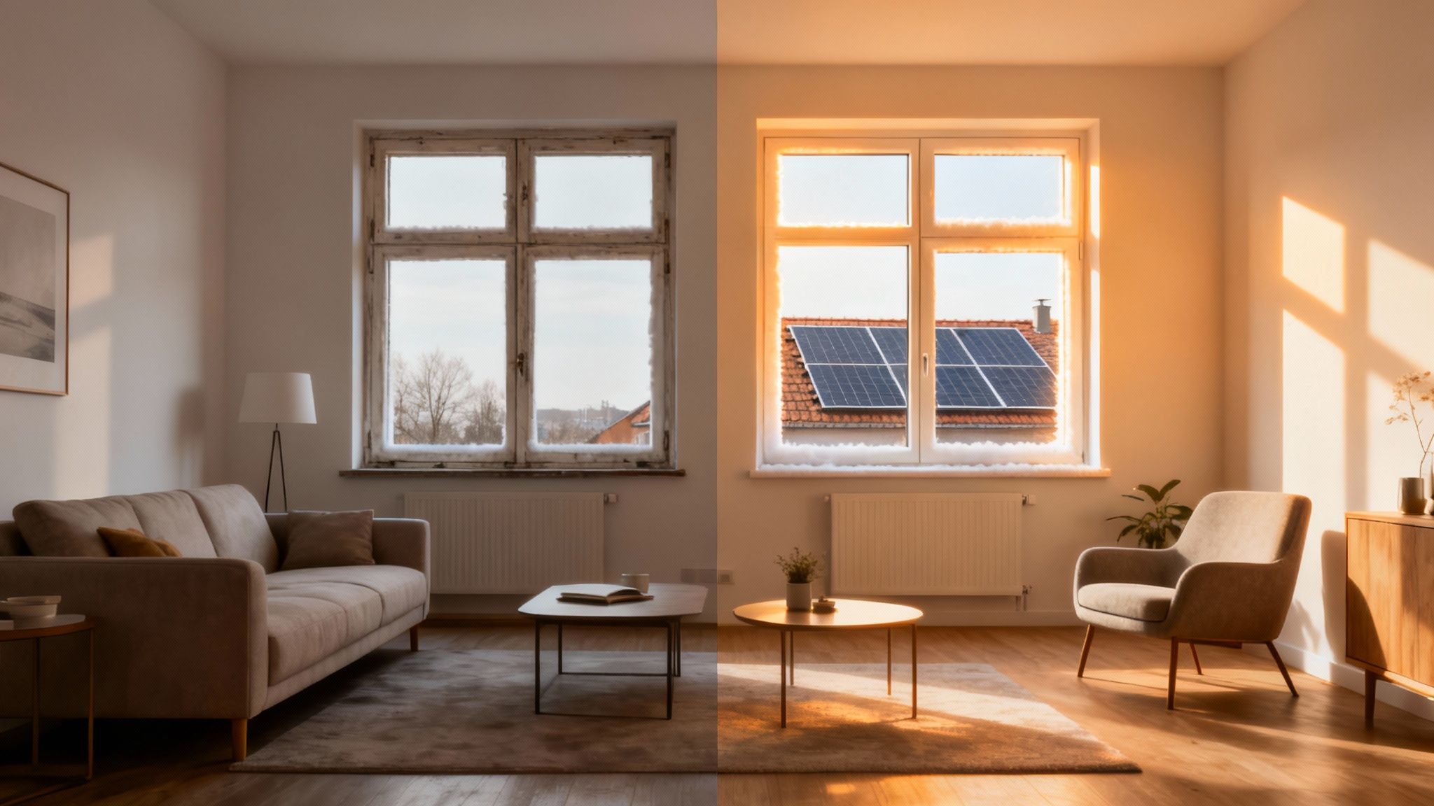 Certificados Energéticos | Certificado de Eficiencia Energetica que es: Guía Completa Salón con ventana nevada a la izquierda y ventana luminosa con paneles solares a la derecha, simbolizando eficiencia.