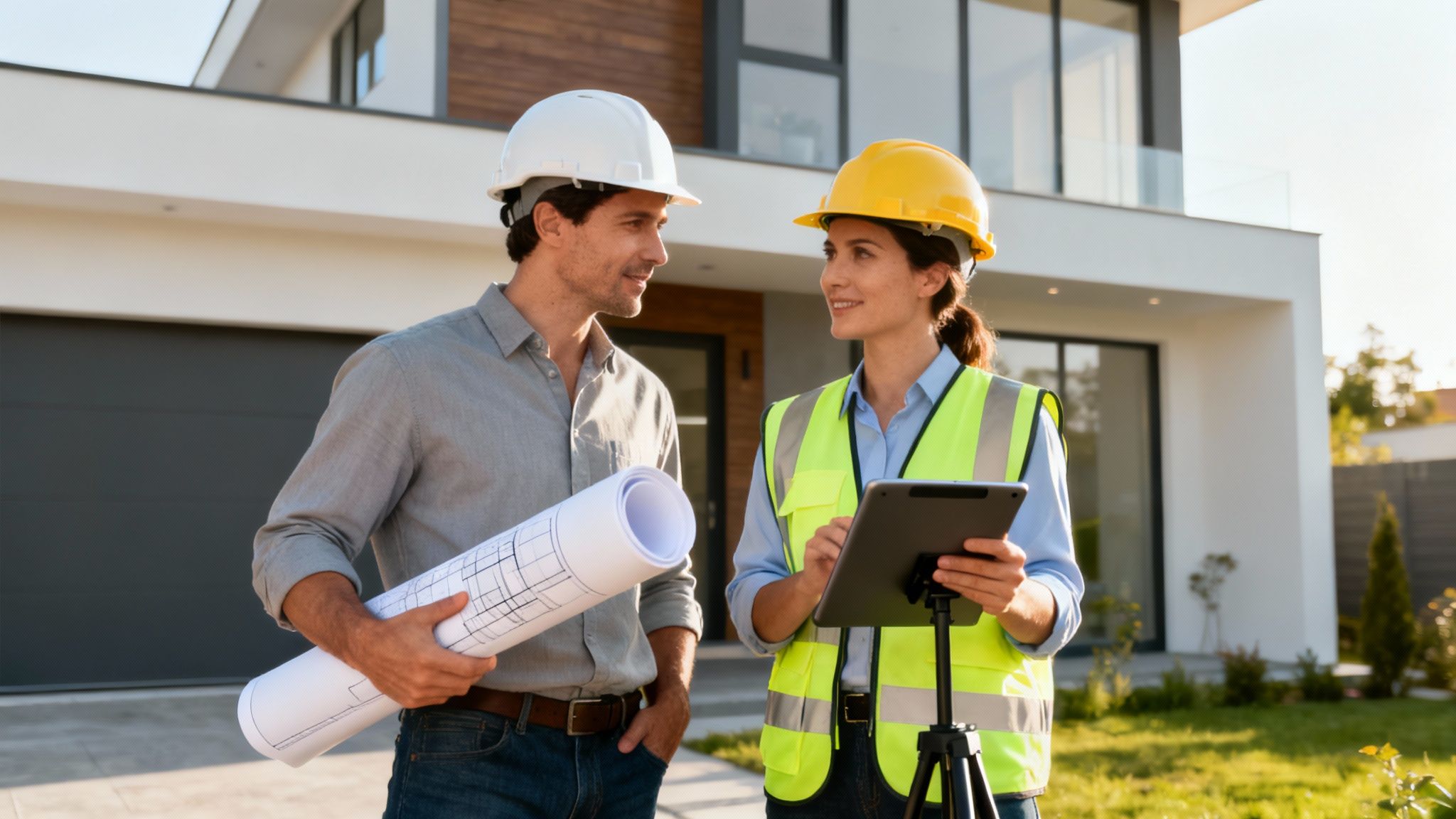 Un técnico cualificado revisando planos para un certificado energético en una vivienda de Valencia.