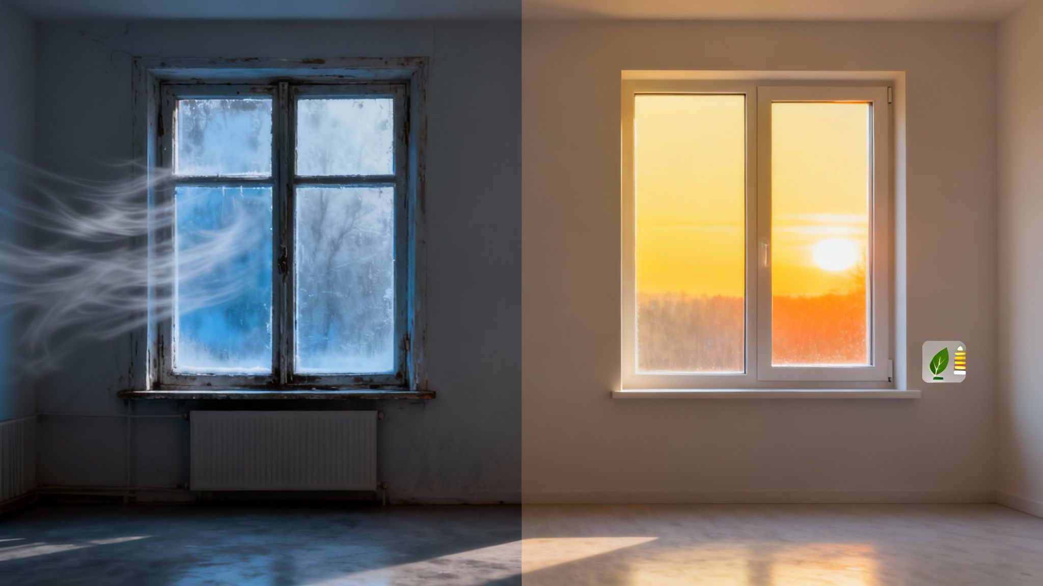 Certificados Energéticos | Subvención Cambio Ventanas Comunidad Valenciana 2026 – Guía Imagen comparativa de una ventana antigua, helada y con corrientes de aire, frente a una ventana nueva y eficiente bajo el sol, con icono ecológico.