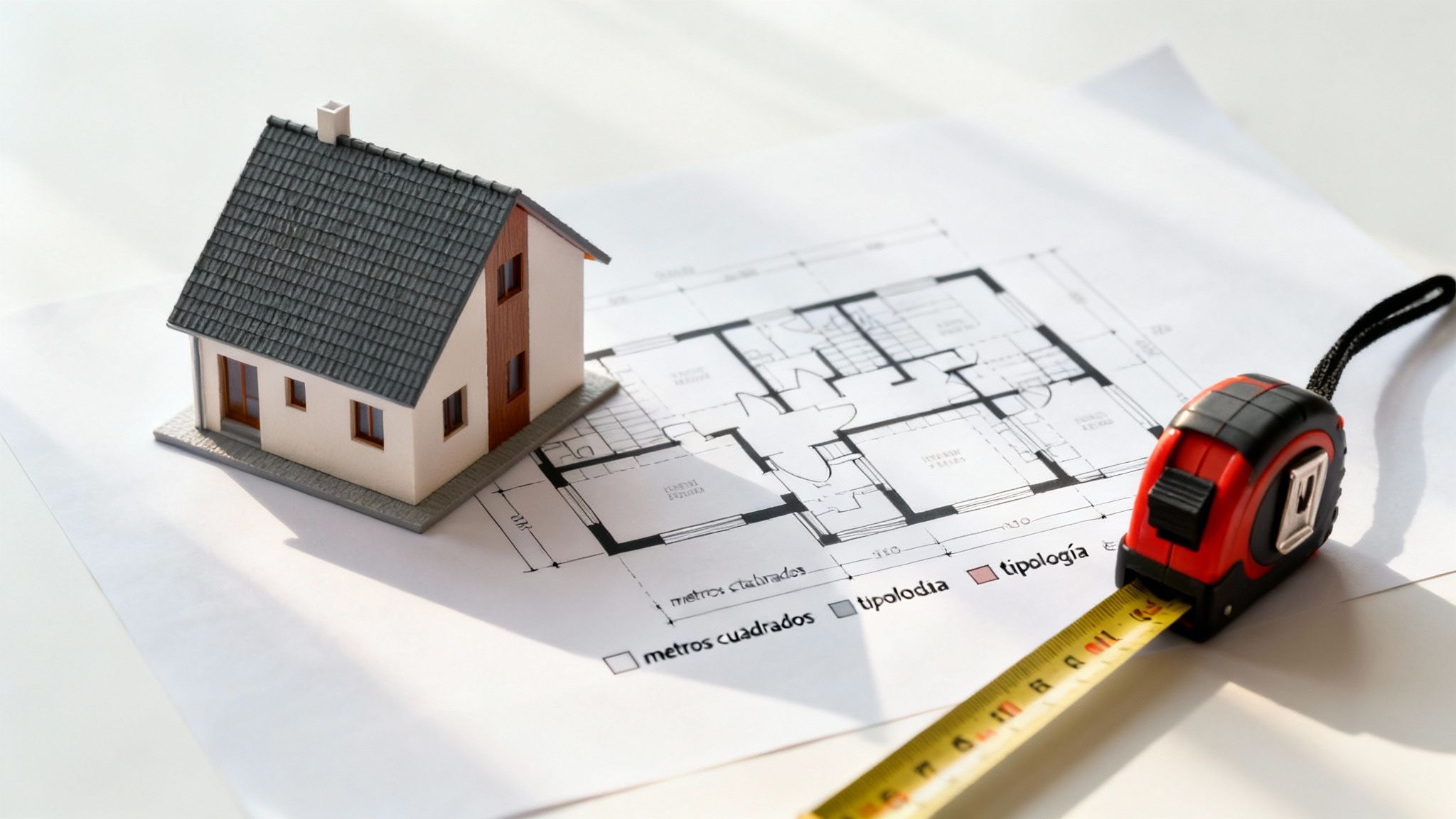 Certificados Energéticos | ¿Cuánto Cuesta el Certificado de Eficiencia Energética en Valencia? Maqueta de casa, planos arquitectónicos y cinta métrica sobre papel, simbolizando planificación de vivienda.