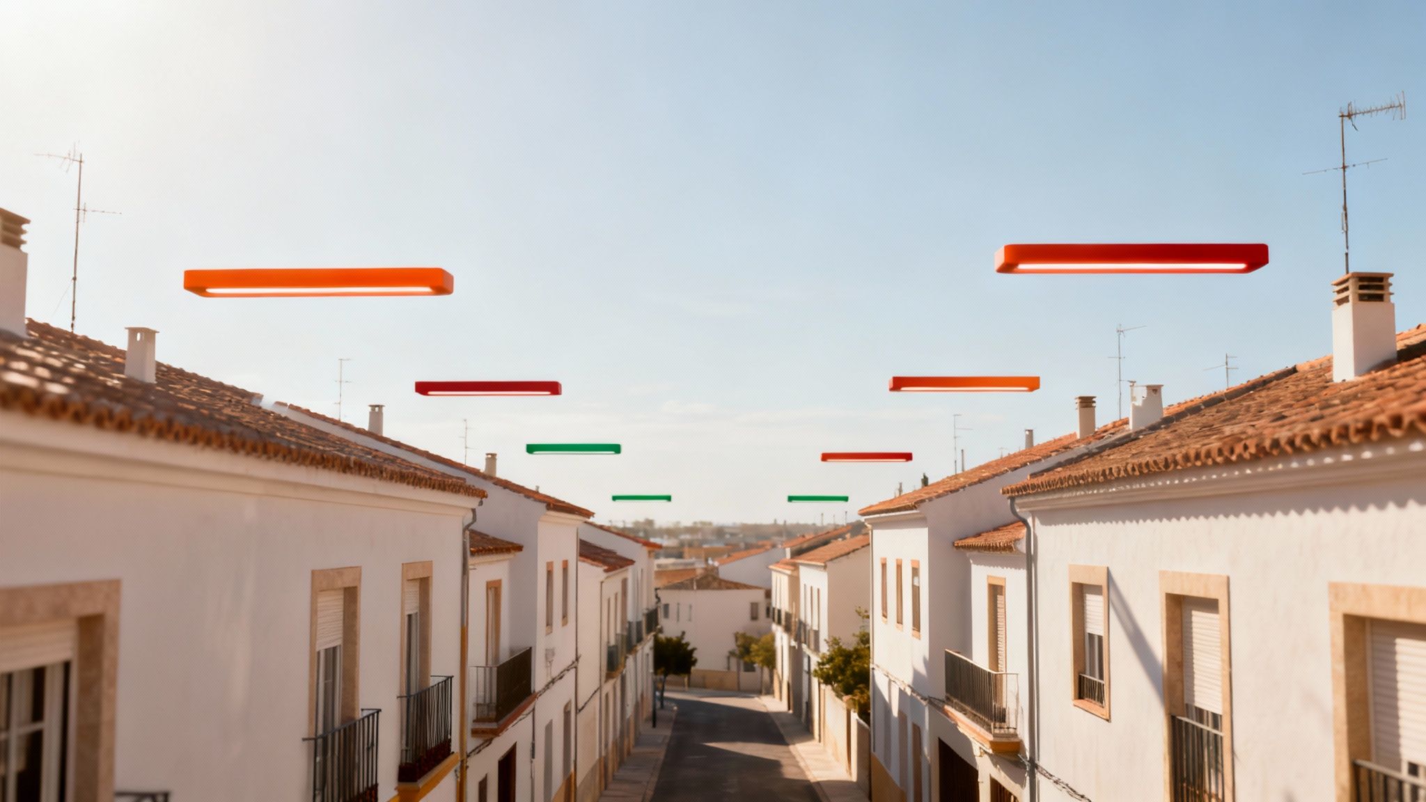 Certificados Energéticos | Certificado de Eficiencia Energetica que es: Guía Completa Una calle soleada con casas blancas y tejados de tejas, y luces rectangulares flotantes de colores naranja, rojo y verde en el cielo.