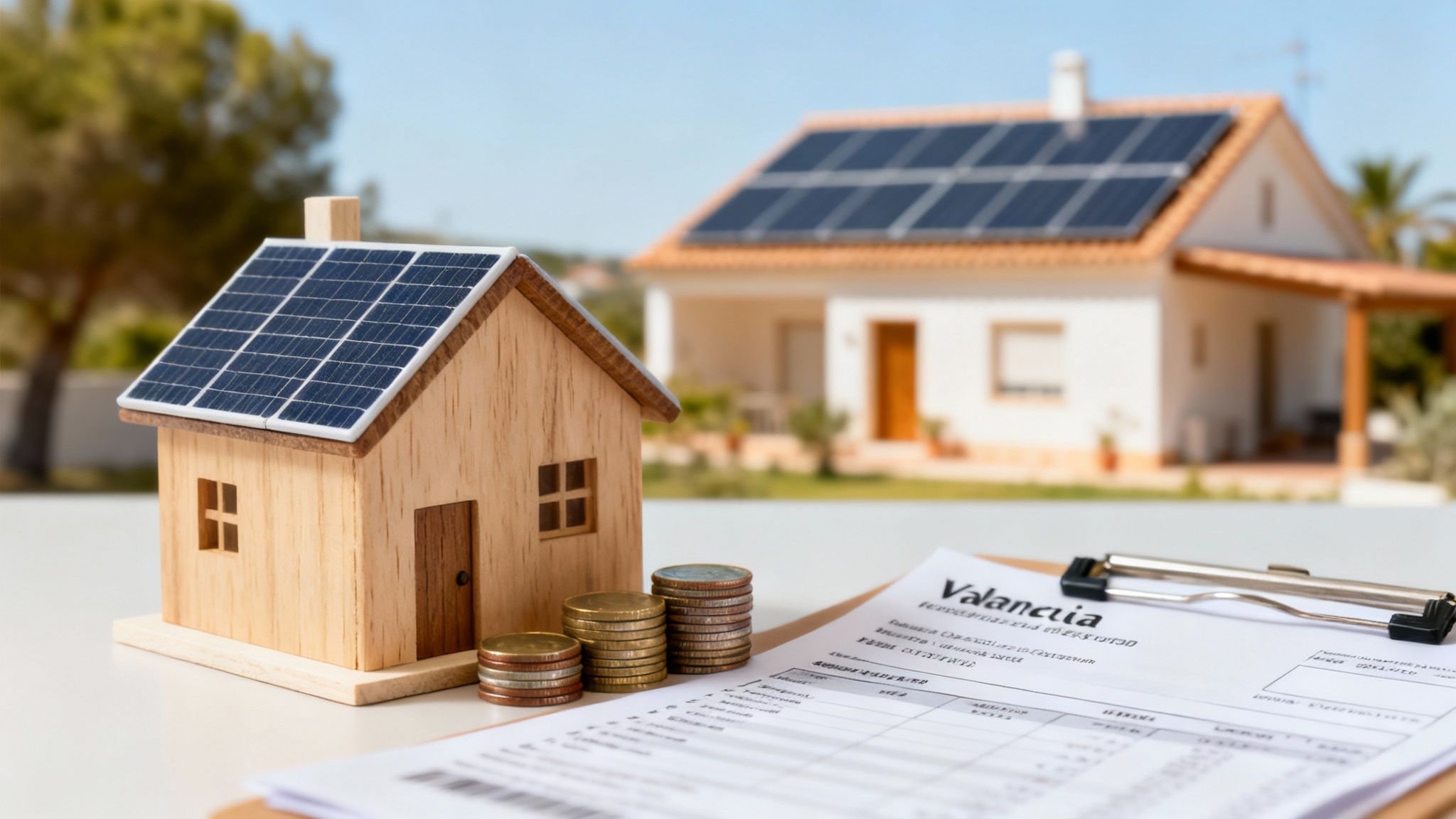 Certificados Energéticos | Guía Subvenciones Paneles Solares Valencia Miniatura de casa con paneles solares, monedas y documentos. Casa real con paneles solares en el fondo.