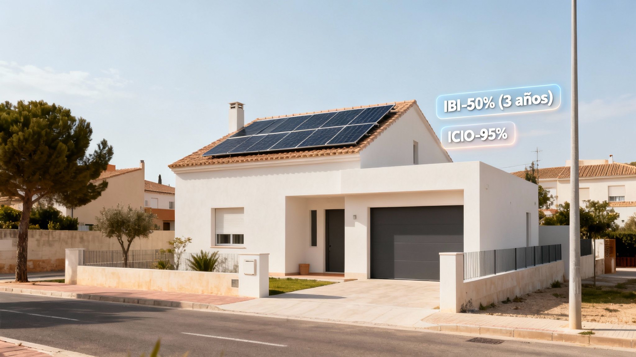 Certificados Energéticos | Subvenciones placas solares Valencia: Guía de ayudas 2024 Casa blanca con paneles solares en el tejado, mostrando beneficios fiscales de IBI e ICIO.