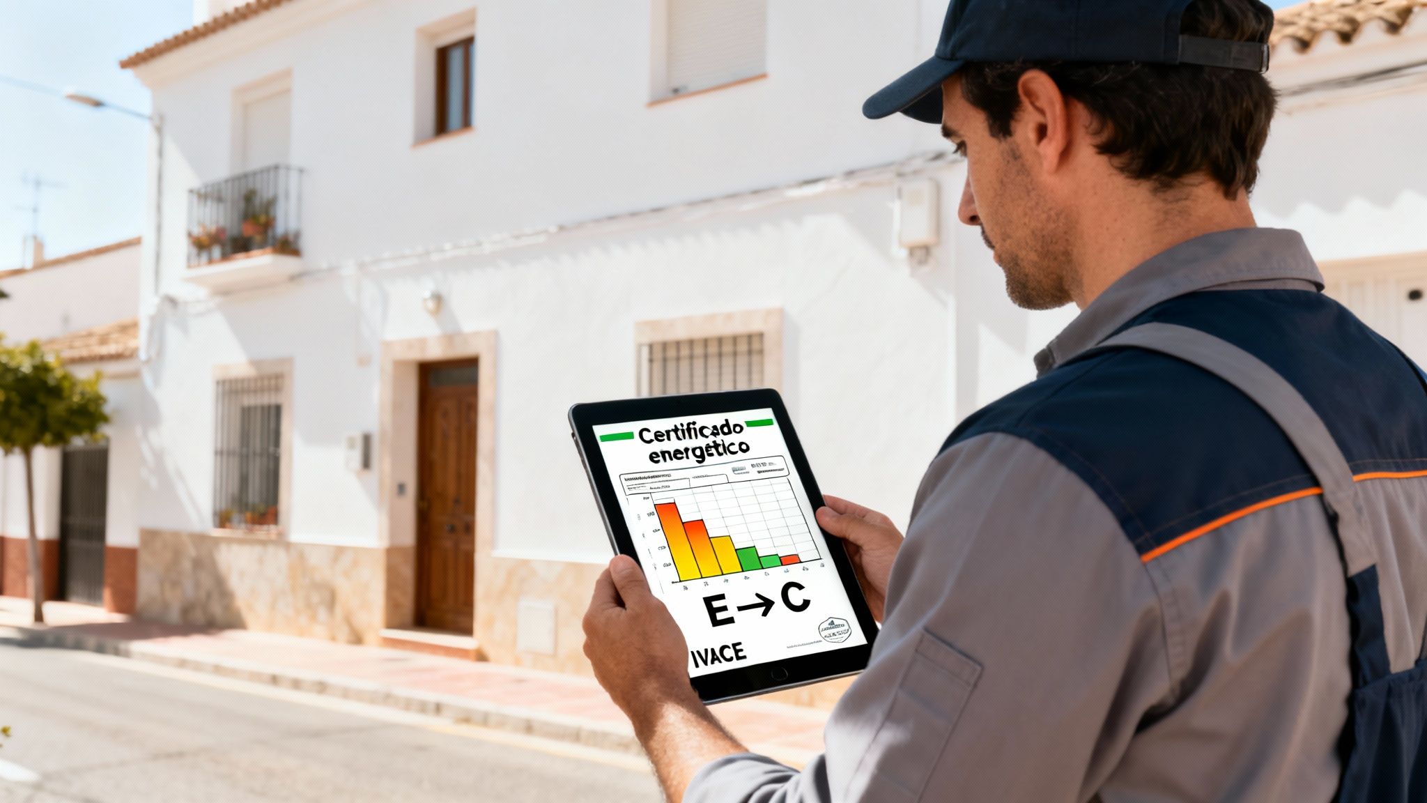 Certificados Energéticos | Guía de aislamientos térmicos y acústicos en Valencia Hombre con uniforme viendo un certificado energético en una tablet frente a una casa.