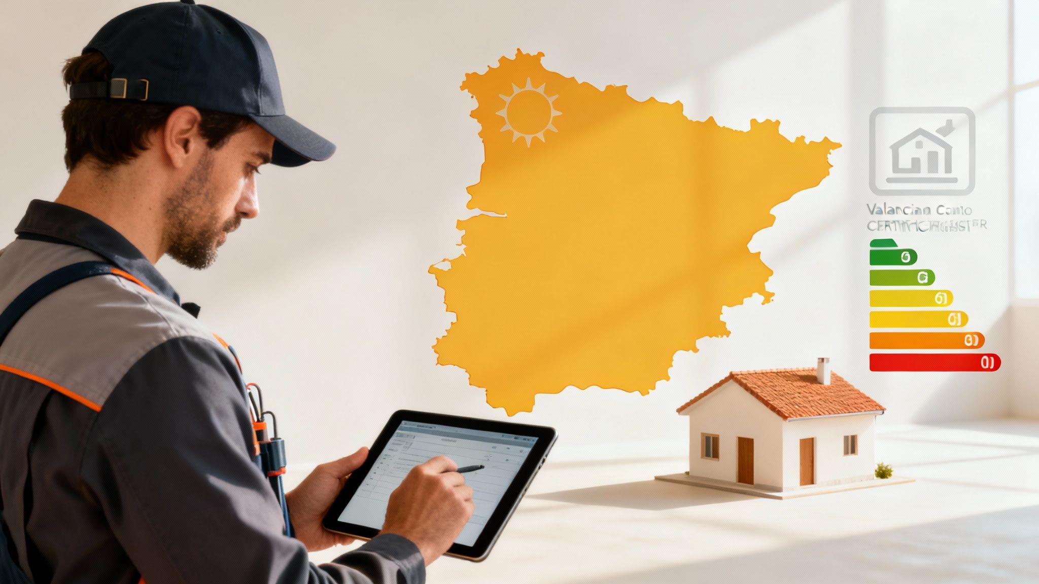 Certificados Energéticos | Normativa cambio de uso de local a vivienda en Valencia Un técnico con una tablet evalúa la eficiencia energética de una vivienda, con un mapa de España y etiqueta de calificación.