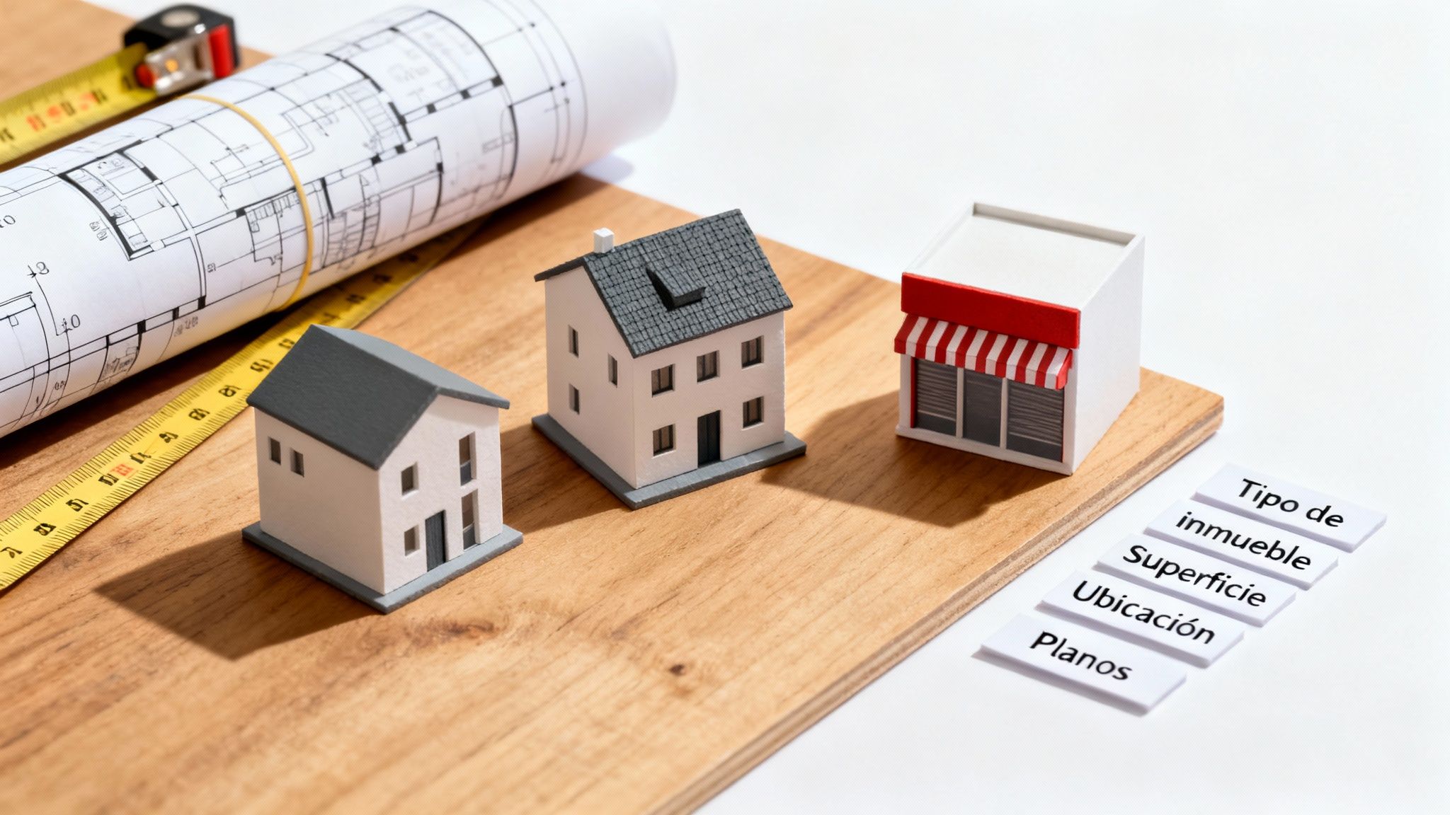 Certificados Energéticos | Precio Certificado Eficiencia Energética: Guía 2026 en Valencia Modelos de propiedades, planos y herramientas de medición con términos inmobiliarios sobre una superficie de madera.