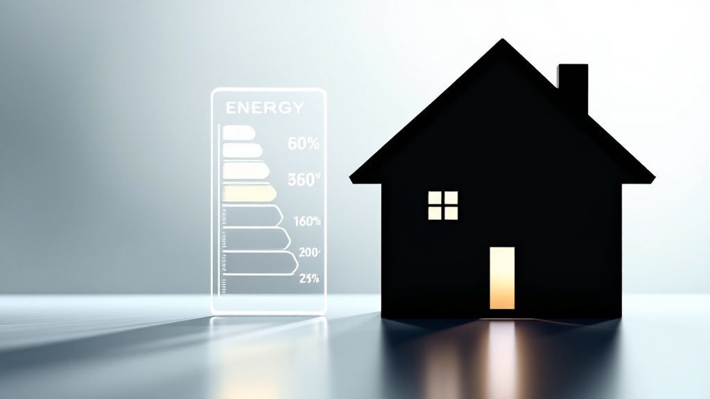 Ilustración que muestra una casa con una etiqueta de eficiencia energética y un signo de interrogación, representando la duda sobre cómo obtener un certificado energético gratis en Valencia.