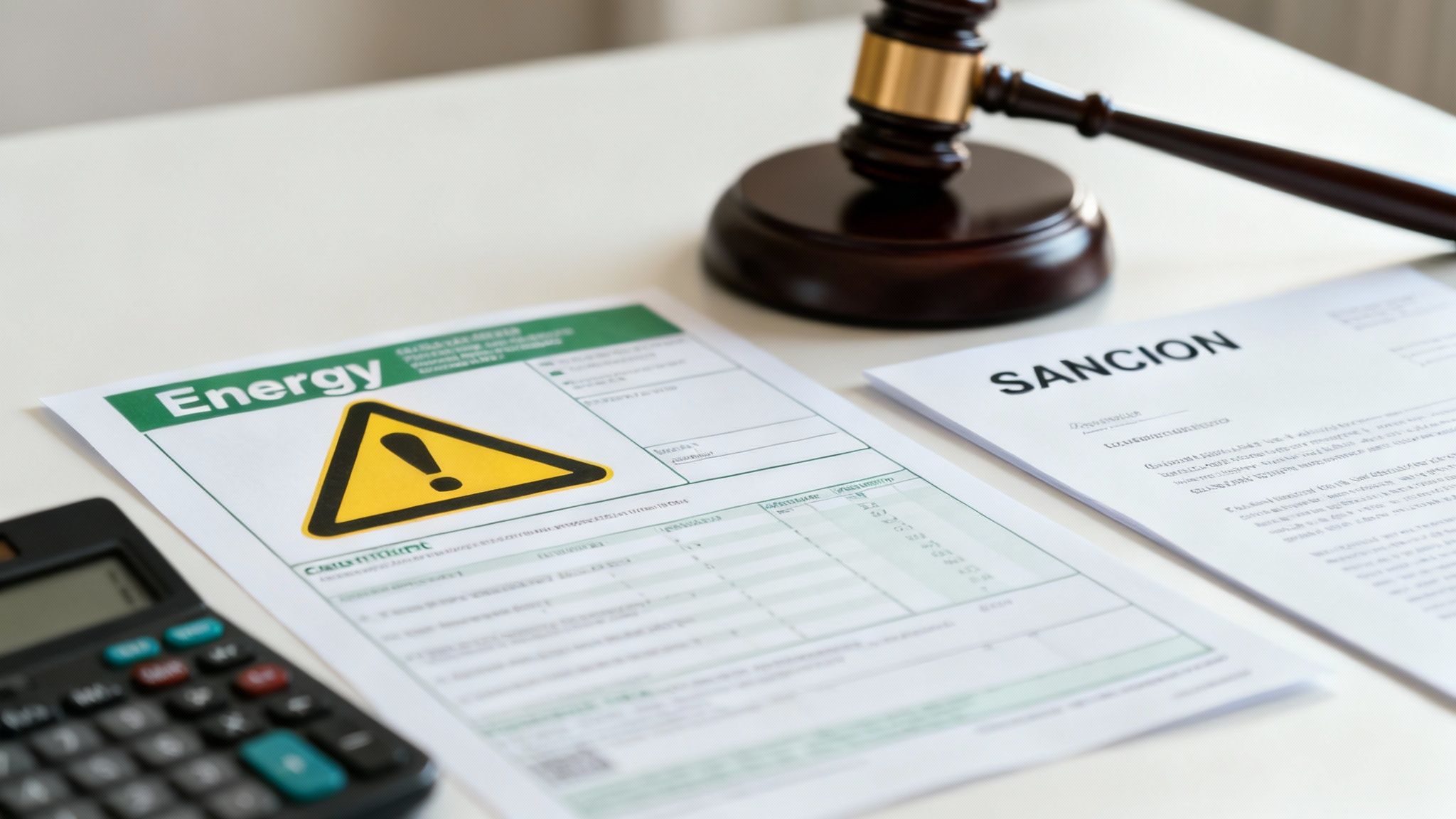 Documento legal con un sello de advertencia en una oficina de Valencia, simbolizando los riesgos de un certificado energético sin visita.