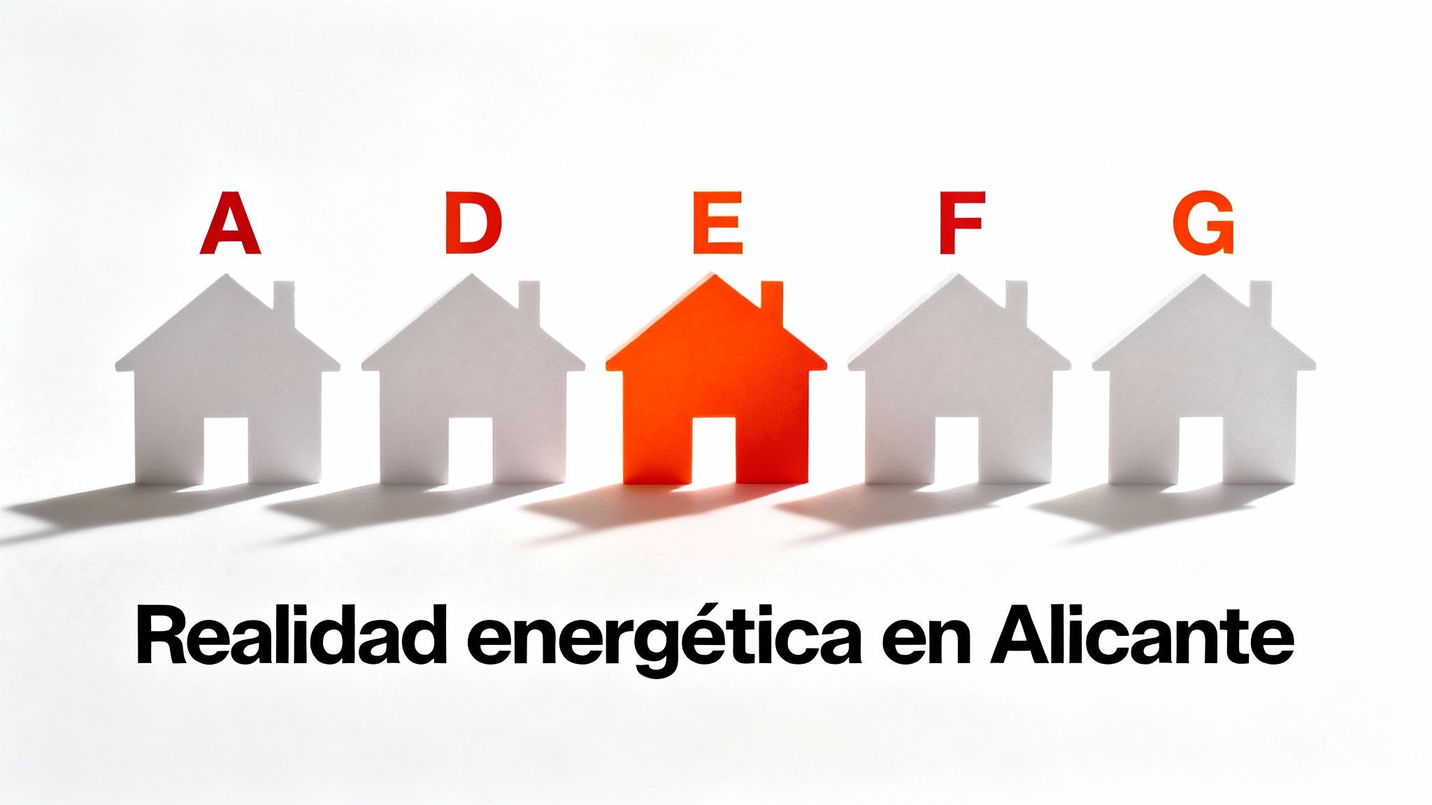 Certificados Energéticos | Certificación Energética en Alicante: Guía Rápida en 24h Cinco casas de papel con etiquetas de eficiencia energética A, D, E, F, G. La casa E es naranja, destacando la realidad energética en Alicante.