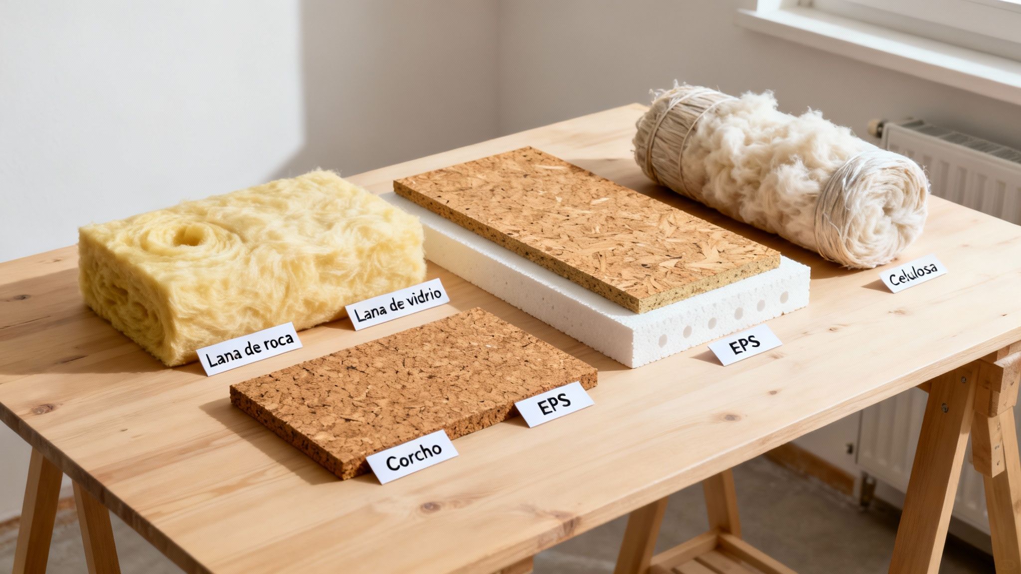 Certificados Energéticos | Guía de aislamientos térmicos y acústicos en Valencia Una mesa de madera con varios materiales aislantes: lana de roca, lana de vidrio, corcho, EPS y celulosa.