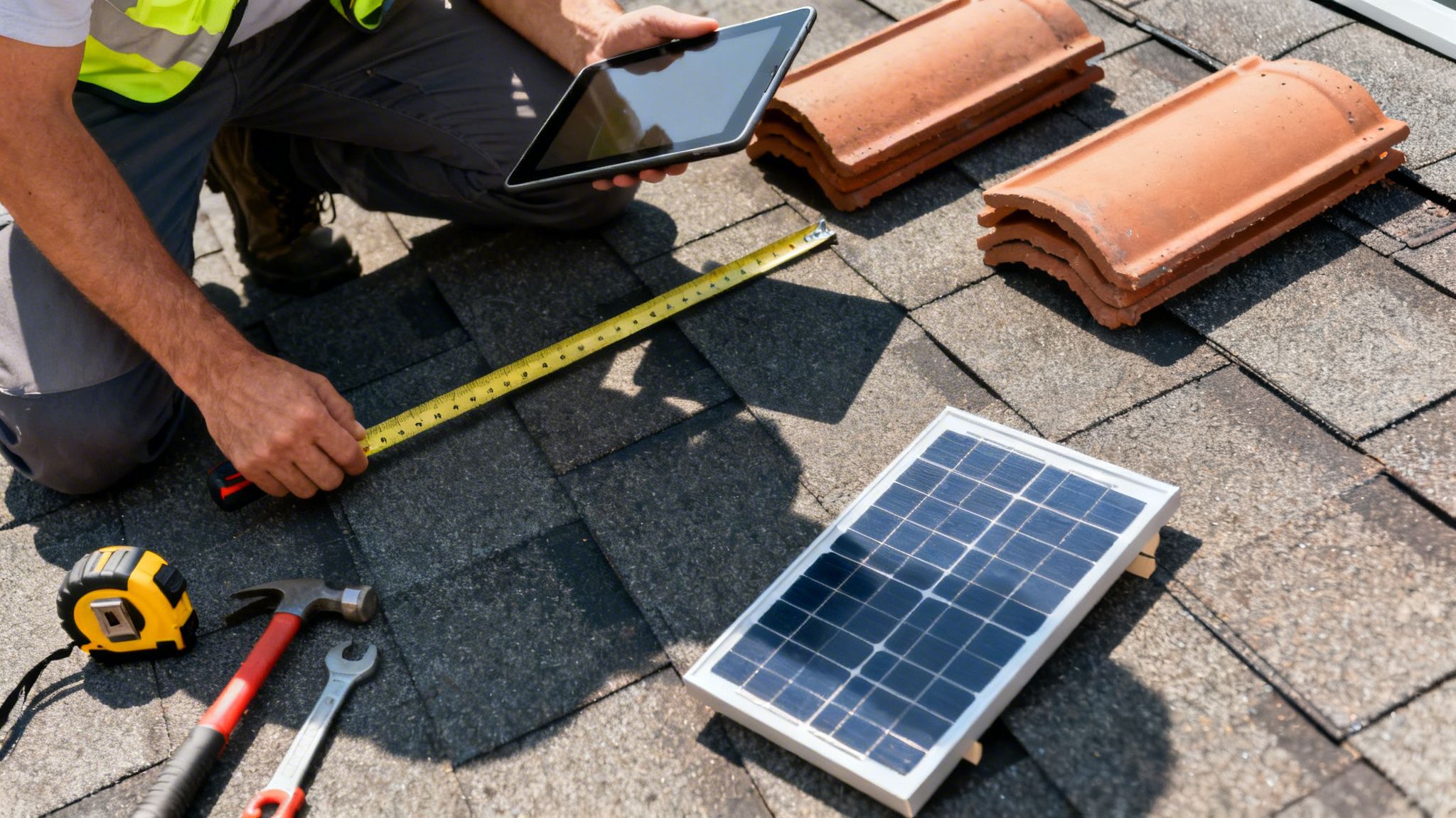 Certificados Energéticos | Guía de instalacion solar autoconsumo: Qué necesitas en Valencia Técnico en un techo midiendo con cinta, con panel solar, herramientas y tableta para instalación.