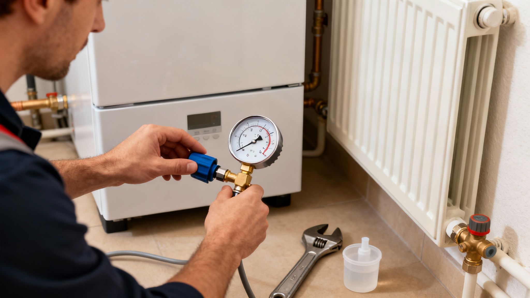 Certificados Energéticos | Calderas de condensación en Valencia: Guía de Ahorro Técnico verificando la presión de una caldera o sistema de calefacción con un manómetro.