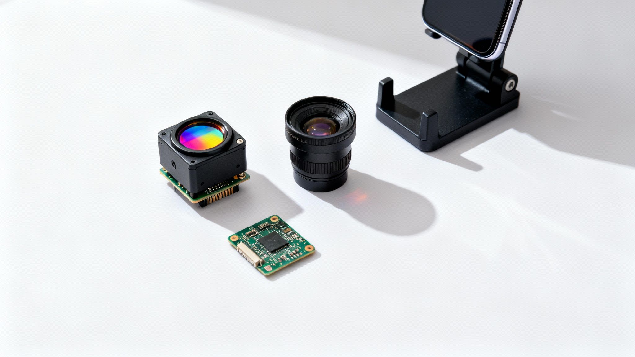 Certificados Energéticos | Precio cámara termográfica: Guía para elegir la mejor para tu vivienda Componentes de cámara avanzada y un teléfono móvil en un soporte sobre una superficie blanca y luminosa.