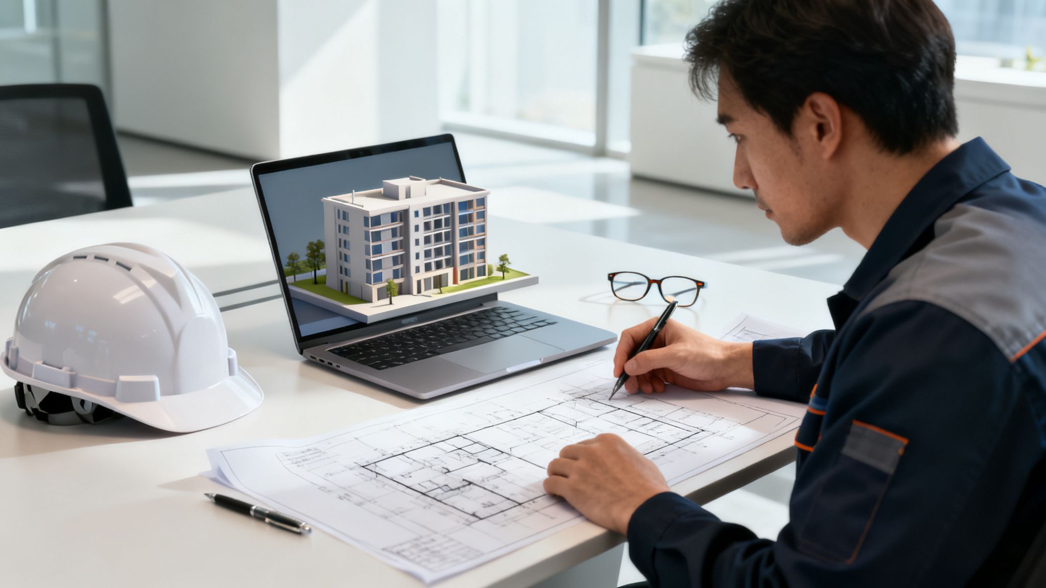 Certificados Energéticos | ¿Quién puede hacer un certificado de eficiencia energética en Valencia? Ingeniero arquitecto trabajando en planos de construcción, con casco de seguridad y modelo 3D de edificio en laptop.