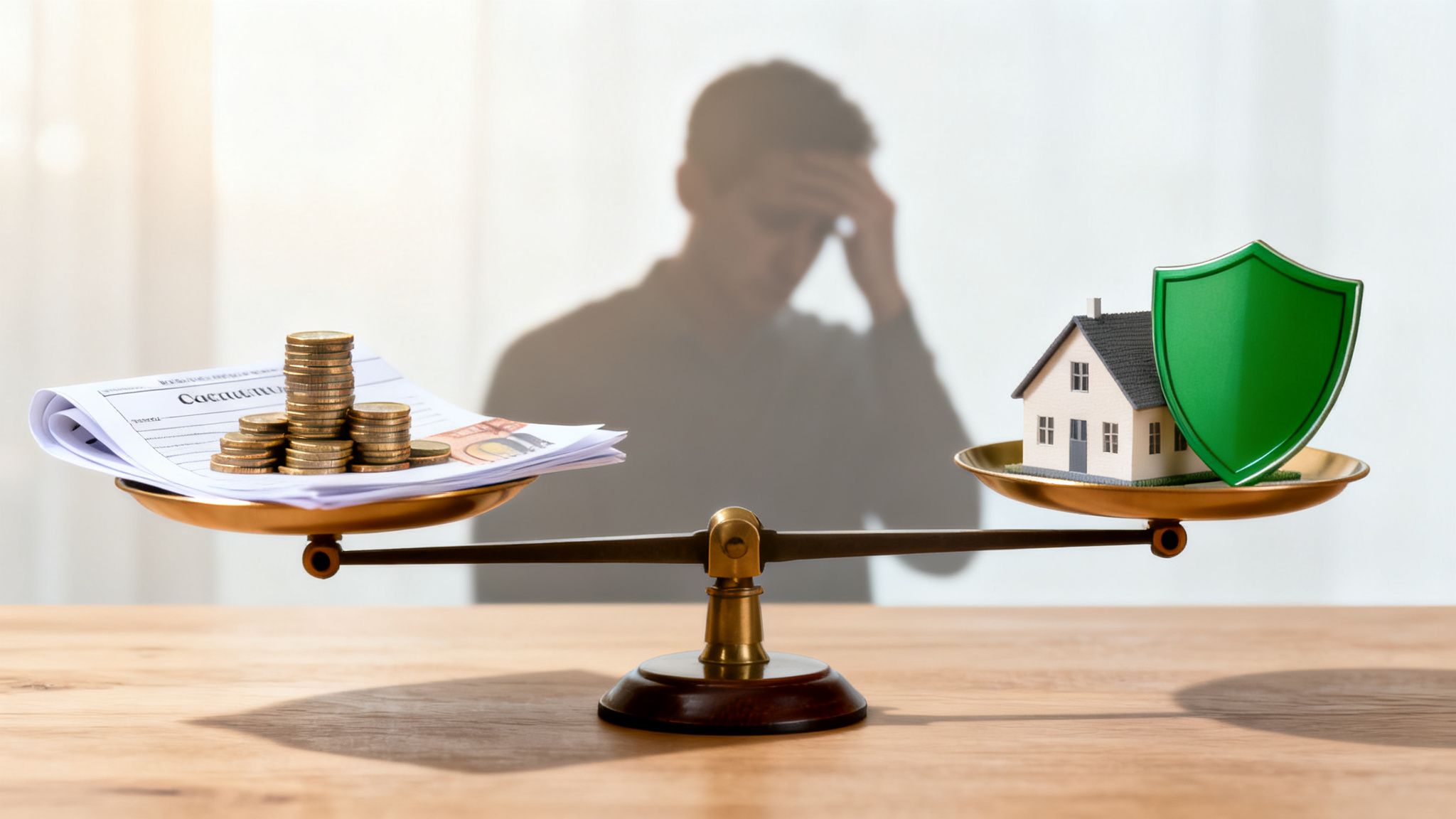 Certificados Energéticos | Certificado Energético Obligatorio en Valencia: Guía Rápida Una balanza con dinero y documentos frente a una casa y un escudo, con una persona estresada de fondo.