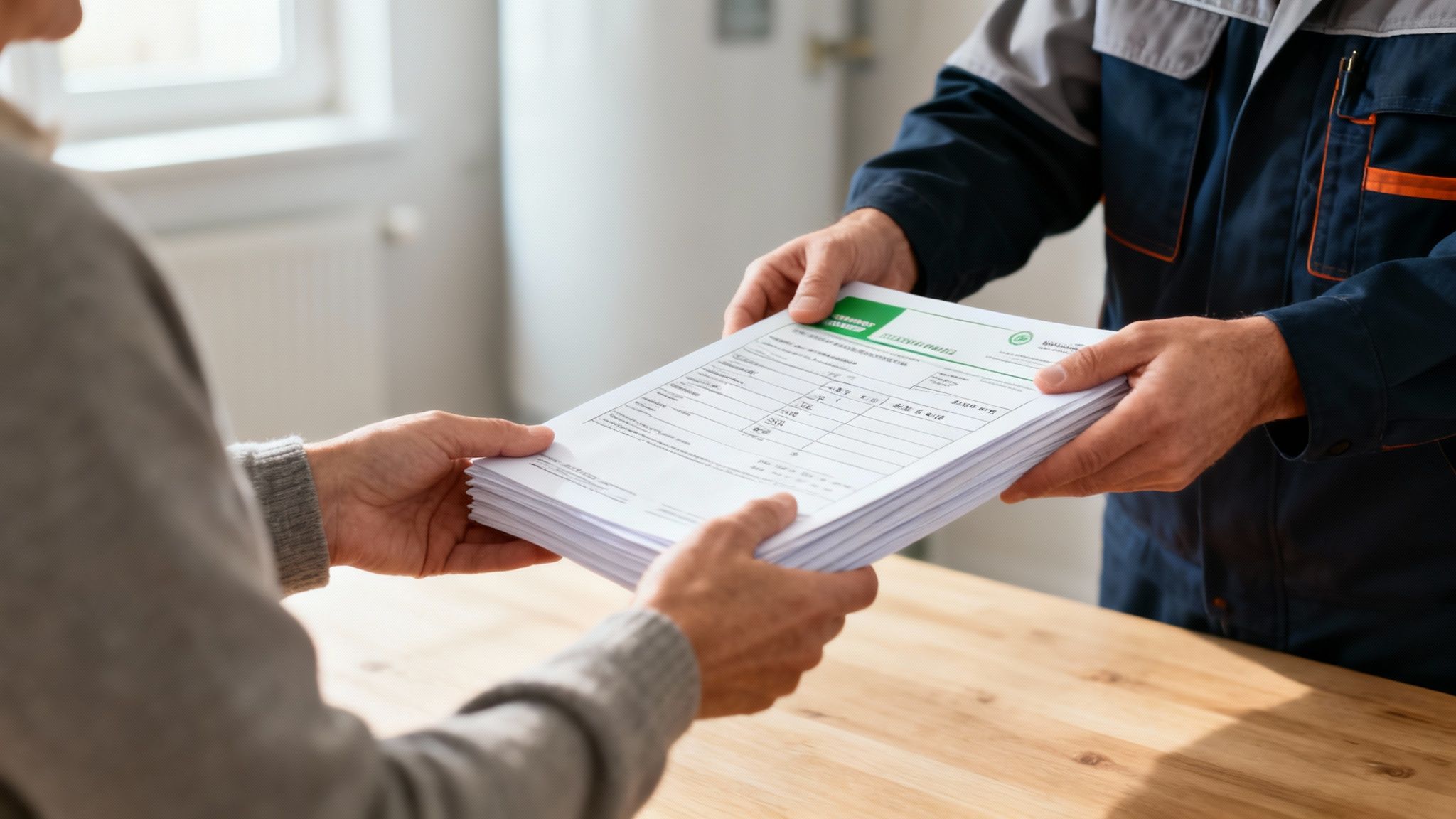 Certificados Energéticos | Guía Definitiva: Deducciones IRPF Eficiencia Energética 2026 Valencia Un técnico en uniforme entrega a un cliente documentos importantes sobre eficiencia energética en un hogar.