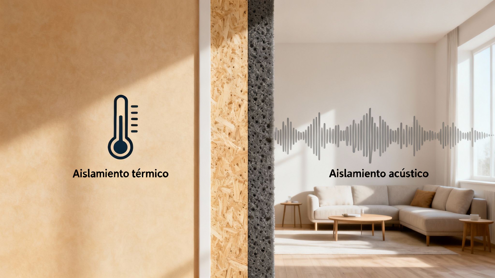 Certificados Energéticos | Aislamiento termico y acustico: Guía definitiva para Valencia Representación de un corte de pared mostrando aislamiento térmico con termómetro y aislamiento acústico con ondas sonoras en un salón.