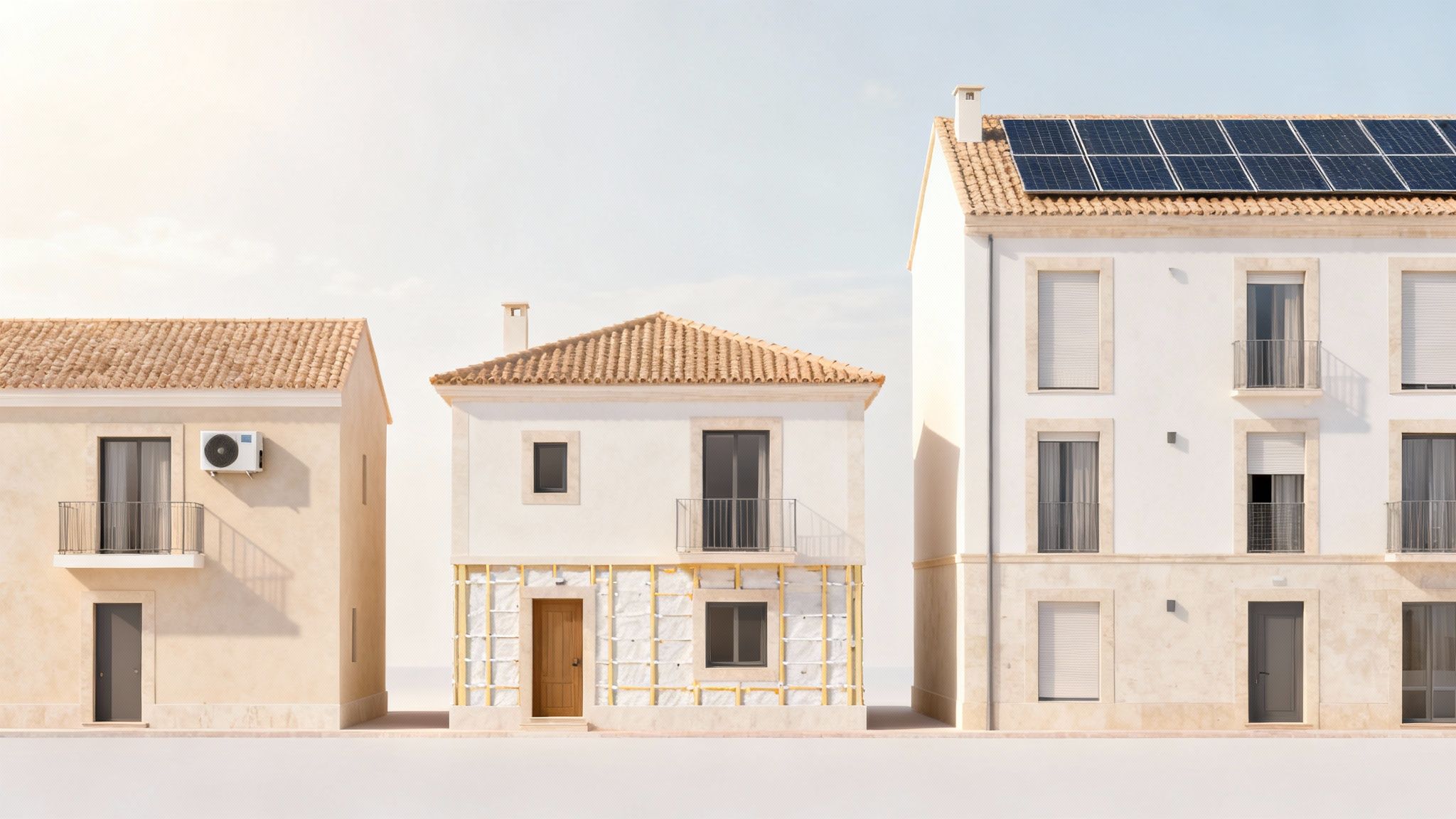 Certificados Energéticos | Guía Definitiva: Deducciones IRPF Eficiencia Energética 2026 Valencia Tres casas mostrando diferentes niveles de eficiencia energética, con aislamiento, aire acondicionado y paneles solares.