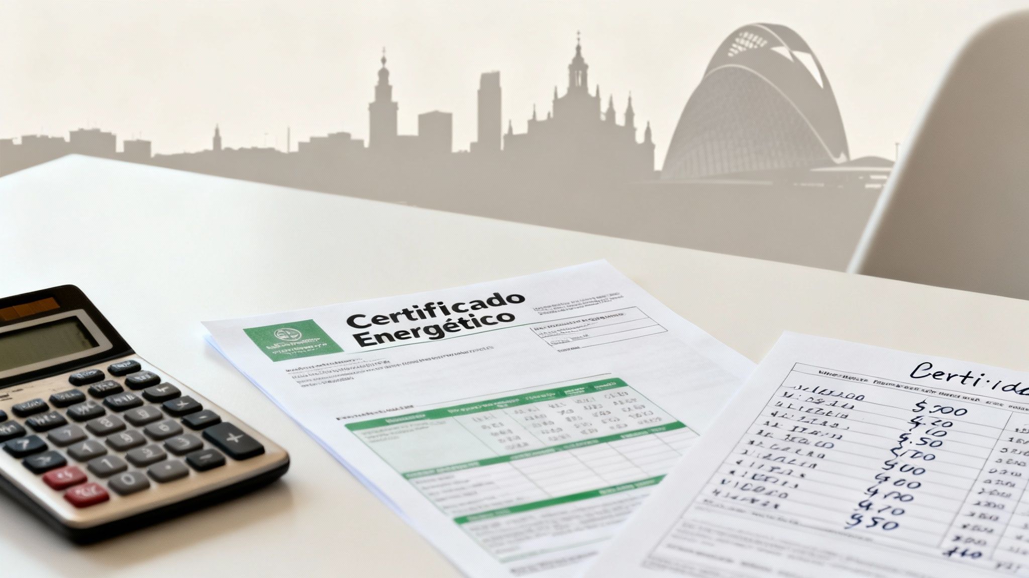 Certificados Energéticos | ¿Cuánto Cuesta el Certificado de Eficiencia Energética en Valencia? Calculadora y certificados energéticos sobre una mesa, con un paisaje urbano en el fondo.