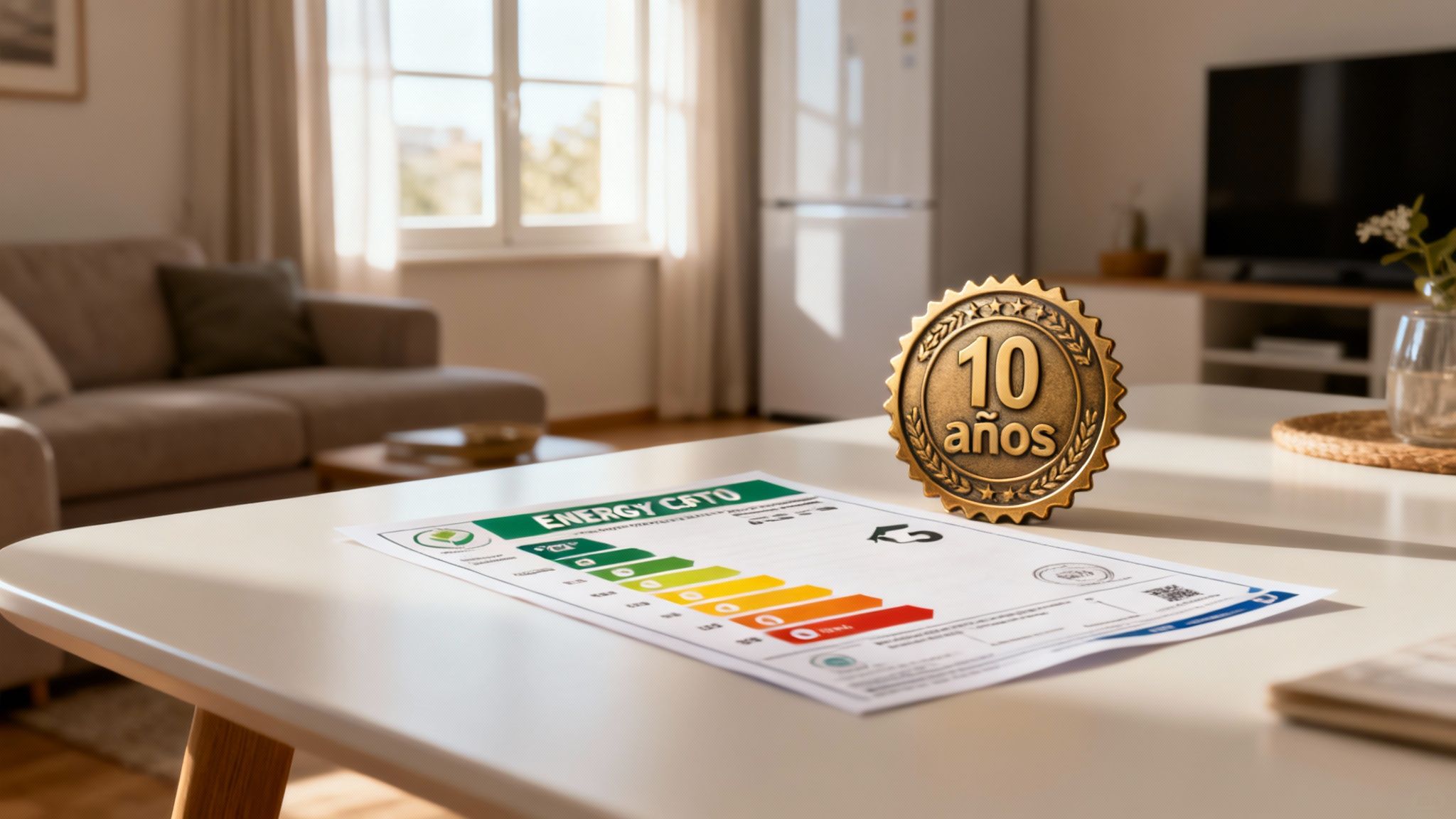 Certificados Energéticos | Validez Certificado Energetico: Cómo Renovar el certificado en Valencia Certificado de eficiencia energética con medalla de '10 años' sobre una mesa en sala en Valencia.