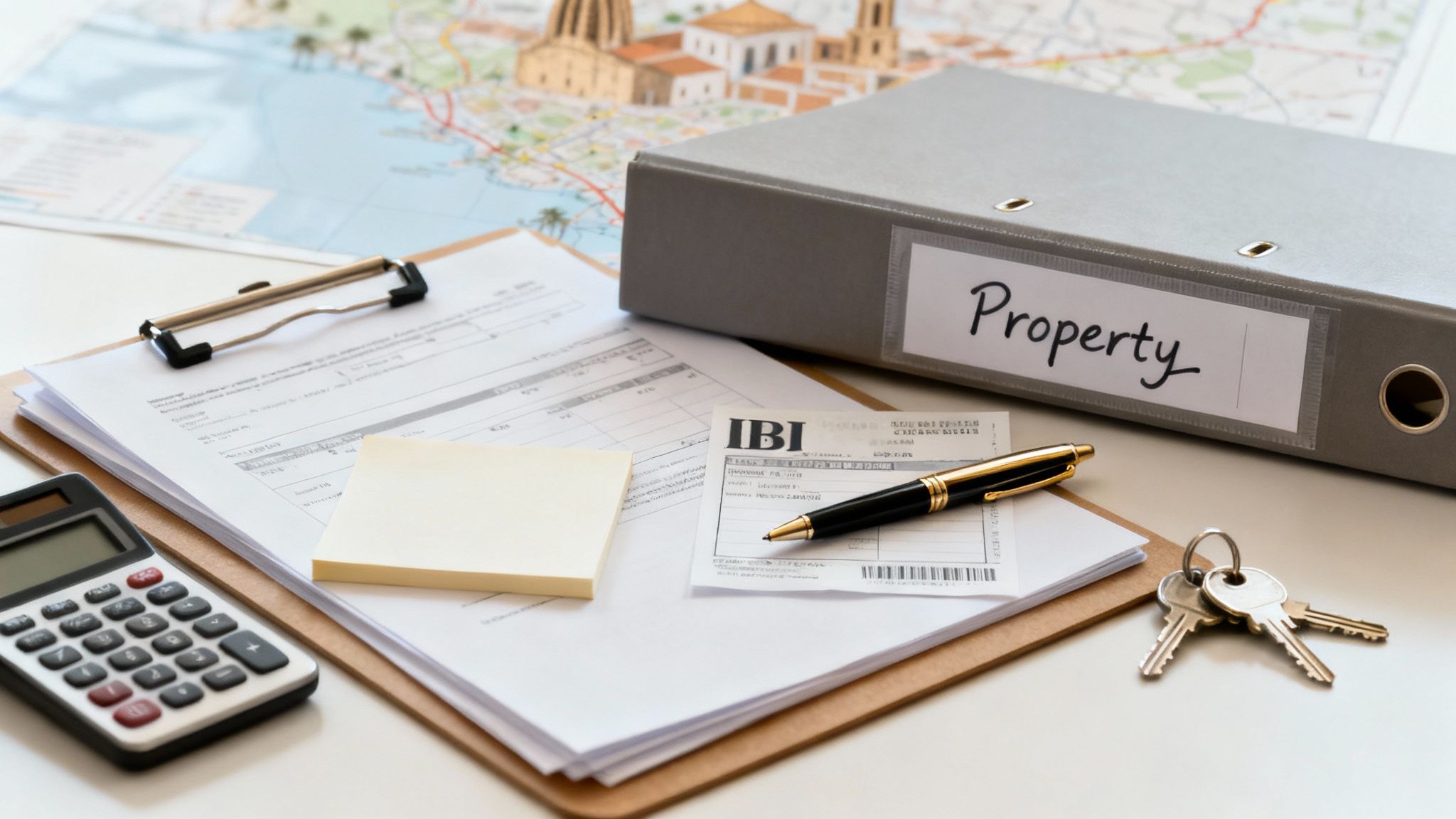 Una persona organizando documentos importantes sobre una mesa de madera para la venta de su casa.