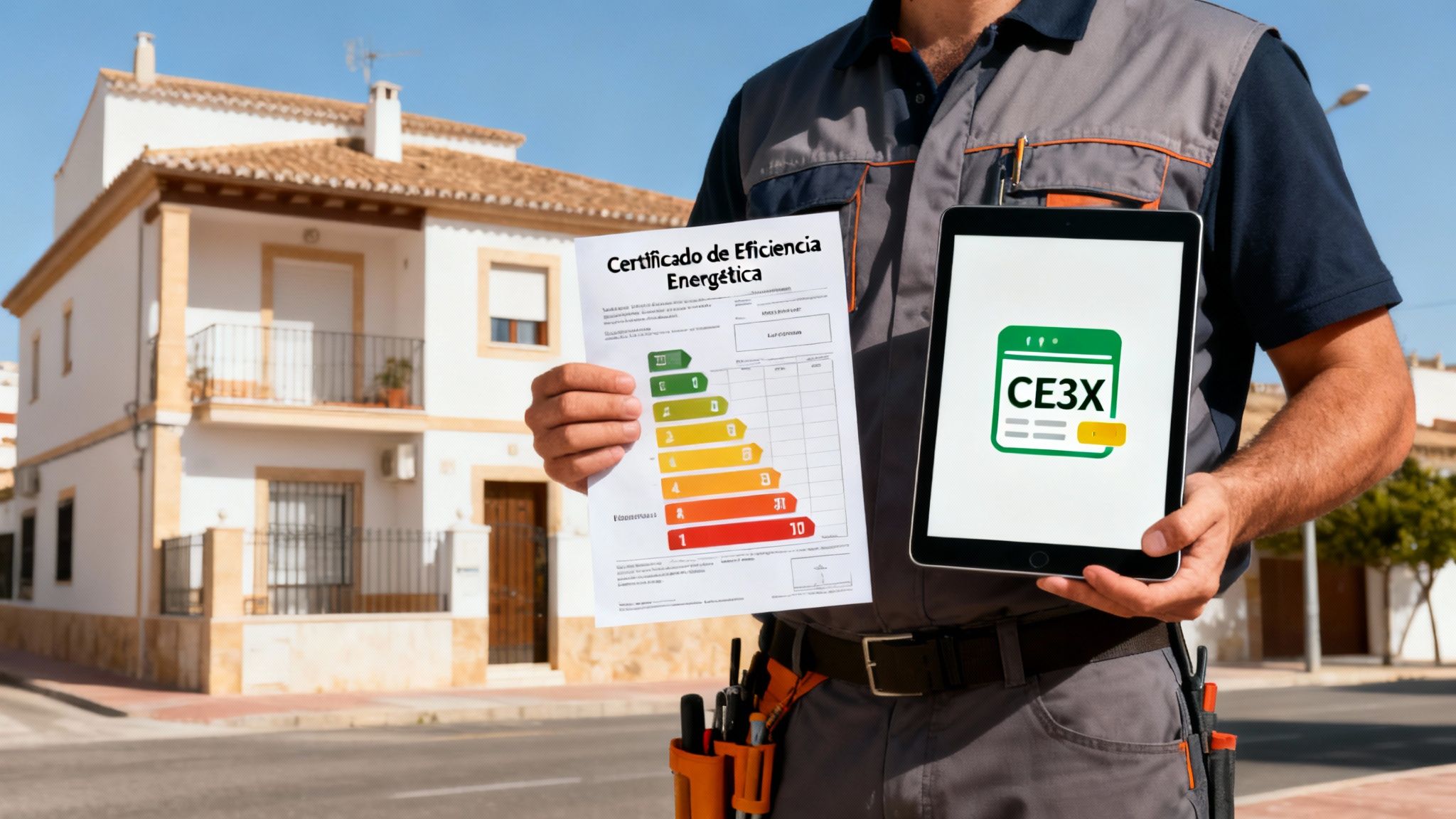 Certificados Energéticos | Ahorra con eficiencia energética (ayudas): guía para subvenciones IVACE en Valencia Hombre sostiene un certificado de eficiencia energética y una tablet con el logo CE3X frente a una casa.