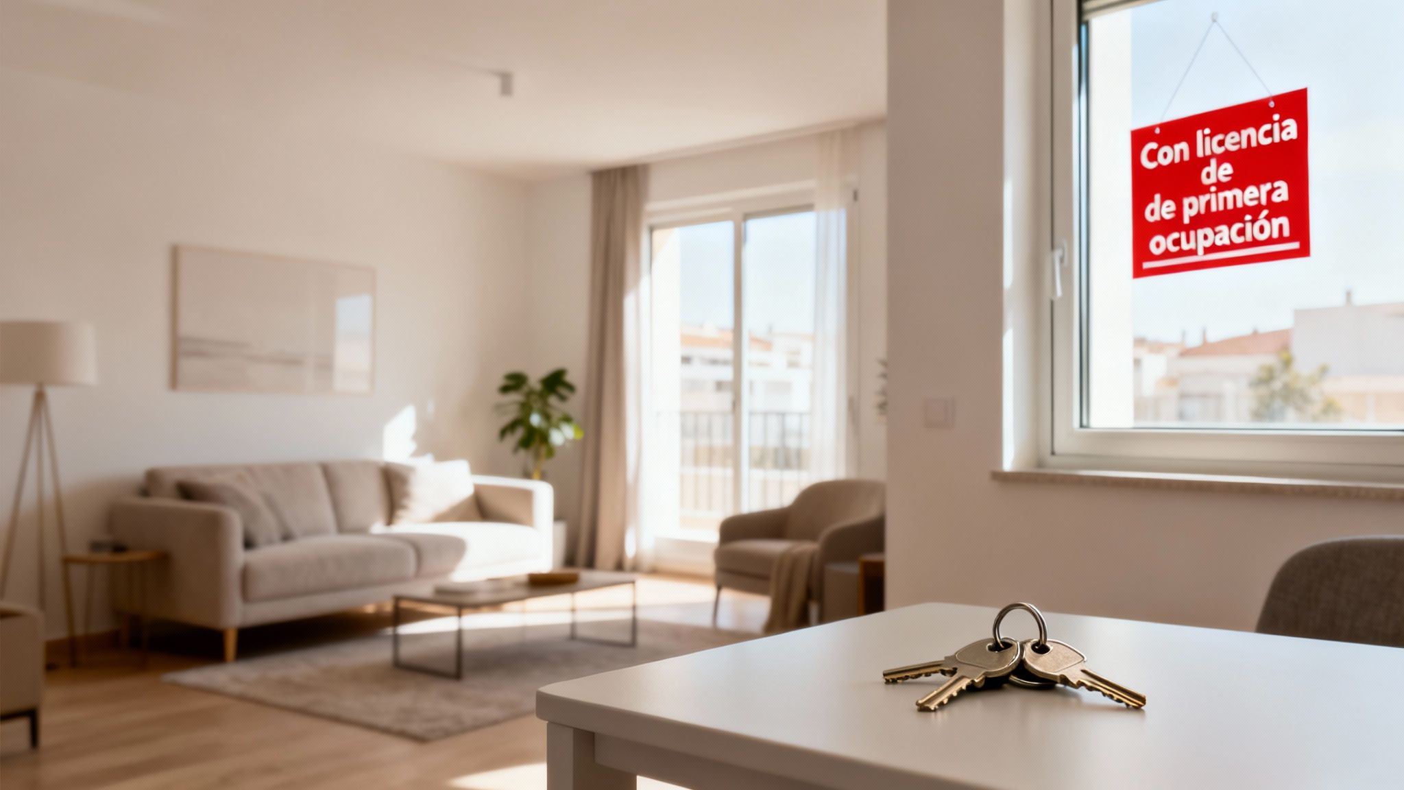 Certificados Energéticos | Guía completa de la Licencia de Primera Ocupación en Valencia Llaves sobre una mesa blanca, con un cartel rojo de 'primera ocupación' en la ventana de un apartamento moderno.