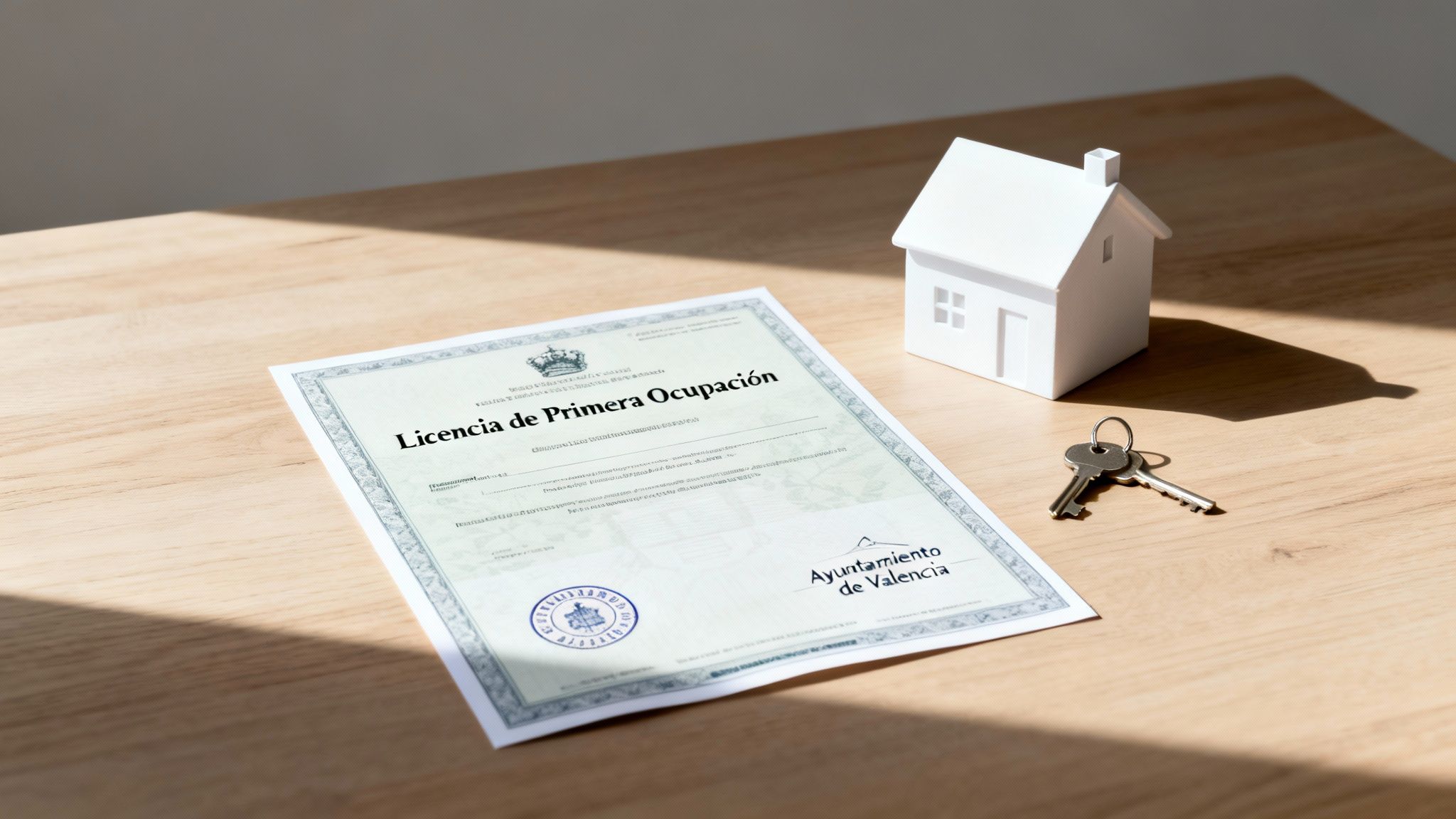 Certificados Energéticos | Guía completa de la Licencia de Primera Ocupación en Valencia Documento de Licencia de Primera Ocupación, casa en miniatura y llaves en una mesa de madera.