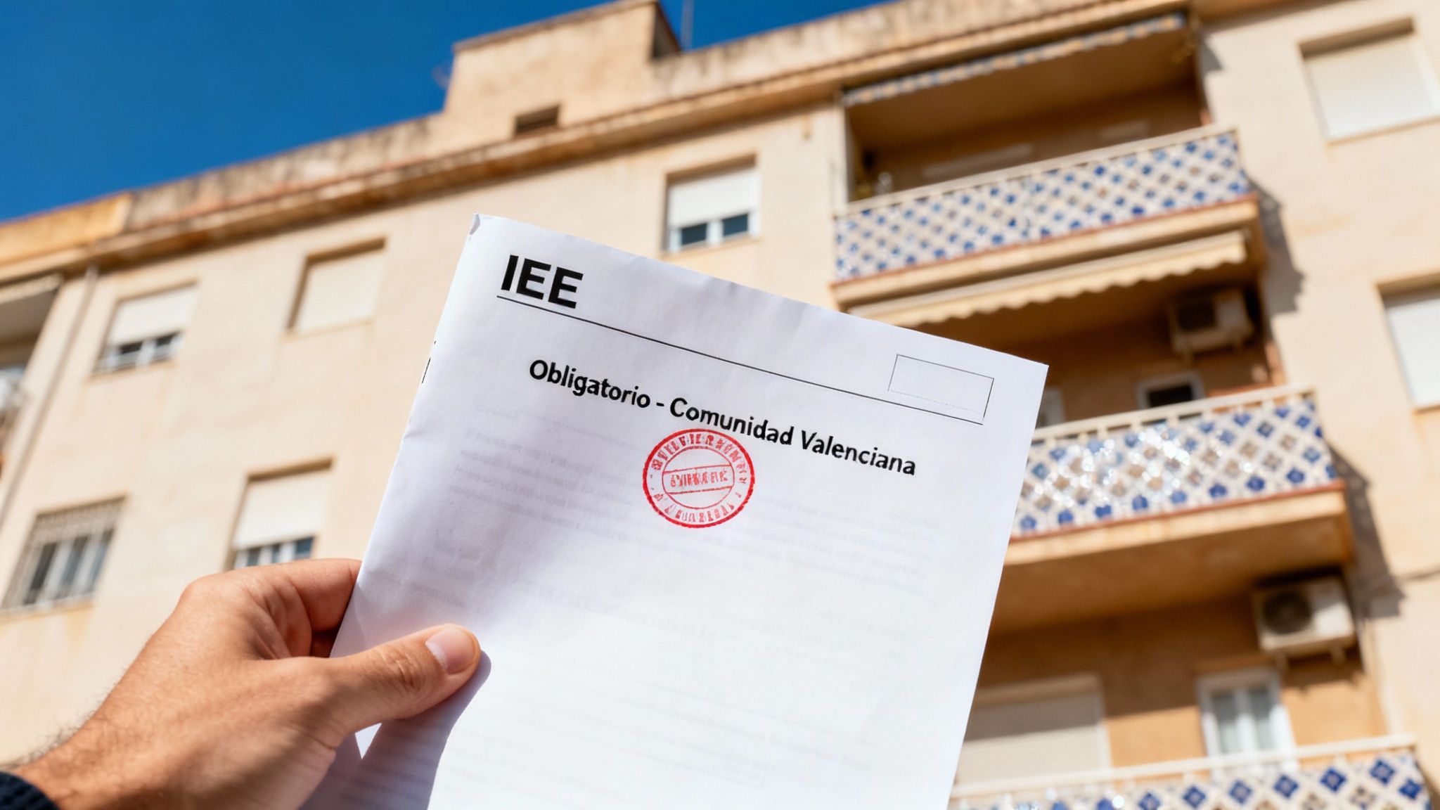 Certificados Energéticos | Guía de Informes de Evaluación de Edificios en Valencia Mano sosteniendo documento IEE obligatorio de la Comunidad Valenciana con un edificio al fondo.