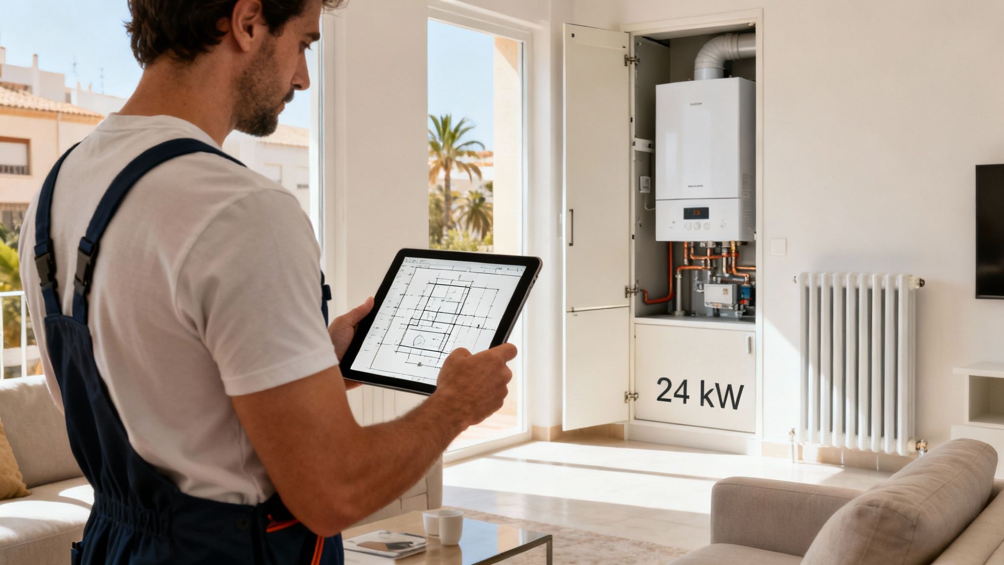 Certificados Energéticos | Calderas de condensación en Valencia: Guía de Ahorro Técnico con mono azul consulta planos en tableta junto a una moderna caldera de condensación de 24 kW.