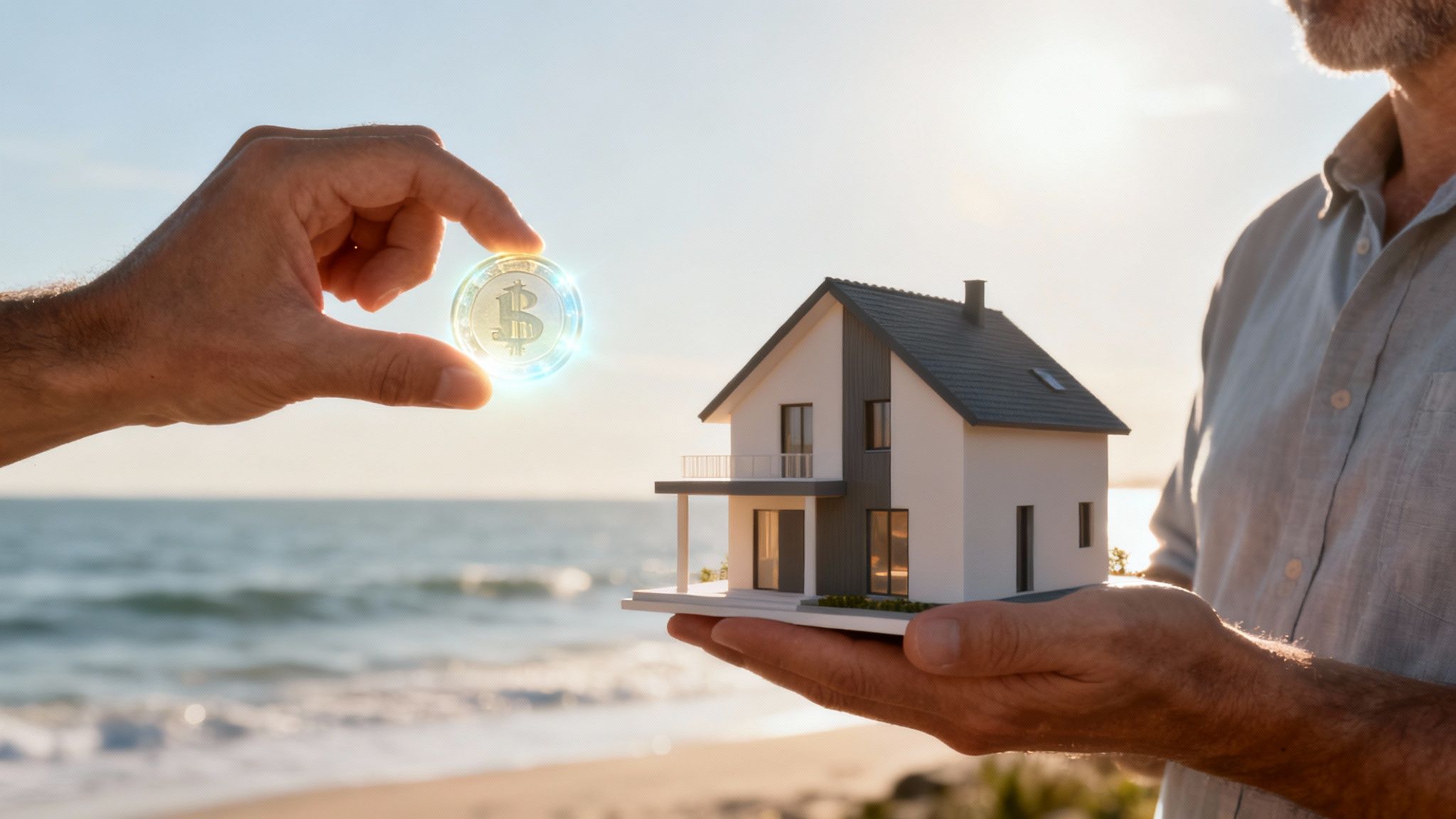 Certificados Energéticos | Visor xml CTE: Tu guía para entender y validar el Certificado Energético Manos intercambian Bitcoin brillante por casa modelo en playa al ataredecer, simbolizando bienes raíces con criptomonedas.