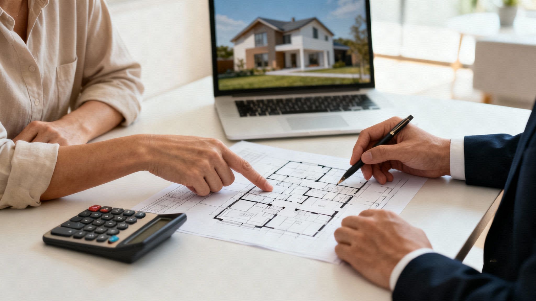 Certificados Energéticos | Guía Completa de Gastos en la Compra Venta de Vivienda en Valencia Dos personas, una en traje, discuten planos de vivienda. Un portátil muestra una casa moderna, y una calculadora está en la mesa.