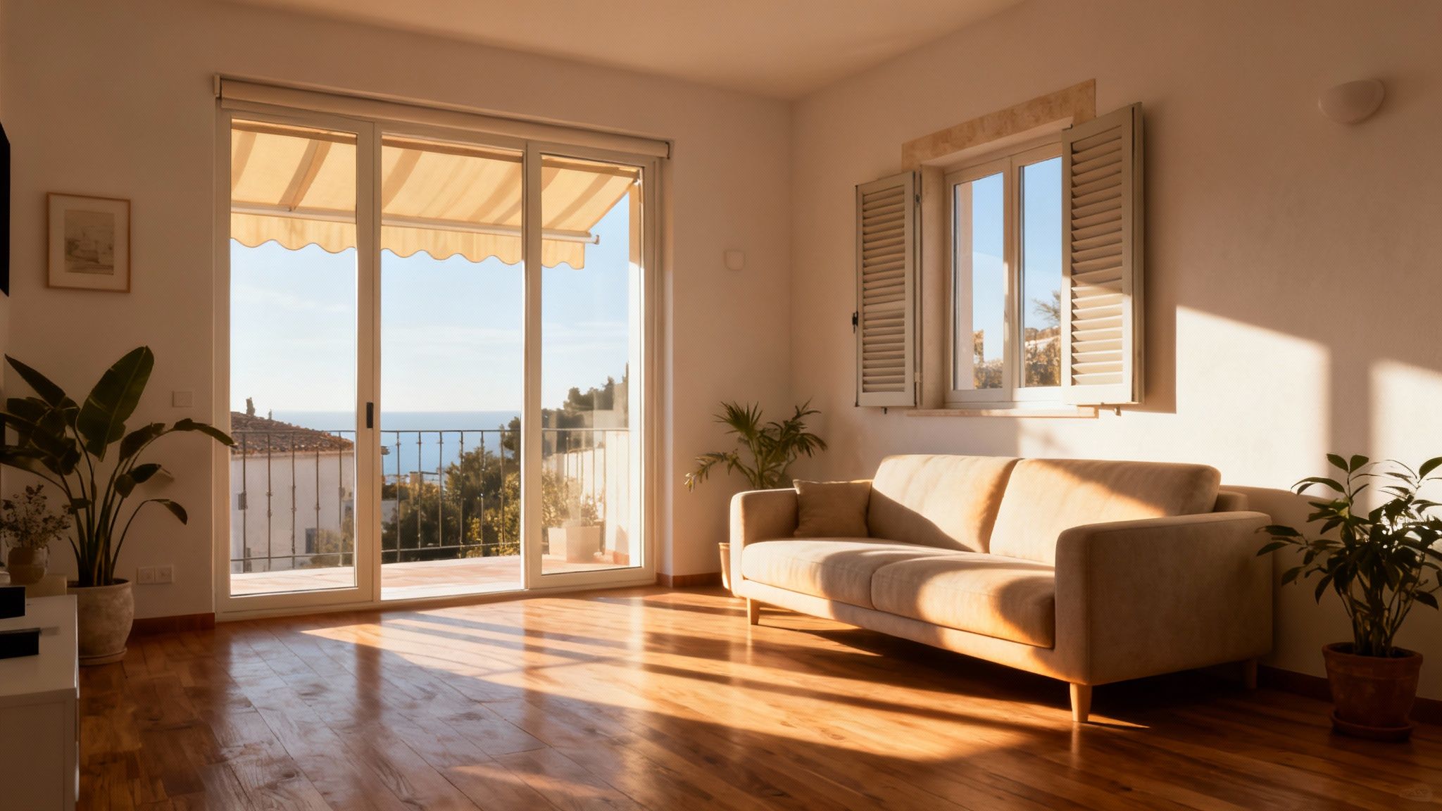 Certificados Energéticos | Cuál es la Mejor orientación para una casa para Ahorrar Energía Salón soleado con vistas al mar desde un balcón, sofá, plantas y suelo de madera. Mucha luz natural.