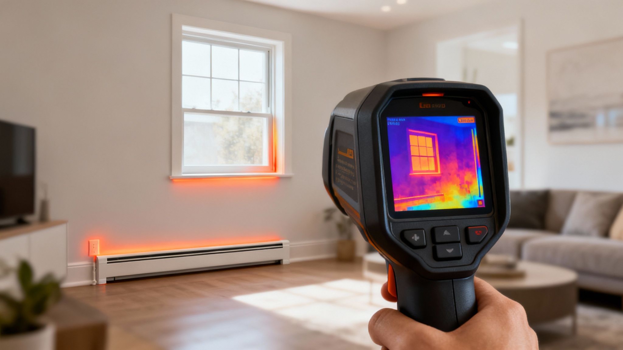 Certificados Energéticos | Precio cámara termográfica: Guía para elegir la mejor para tu vivienda Una persona utiliza una cámara térmica para inspeccionar una ventana y un calentador, mostrando patrones de calor en una casa.