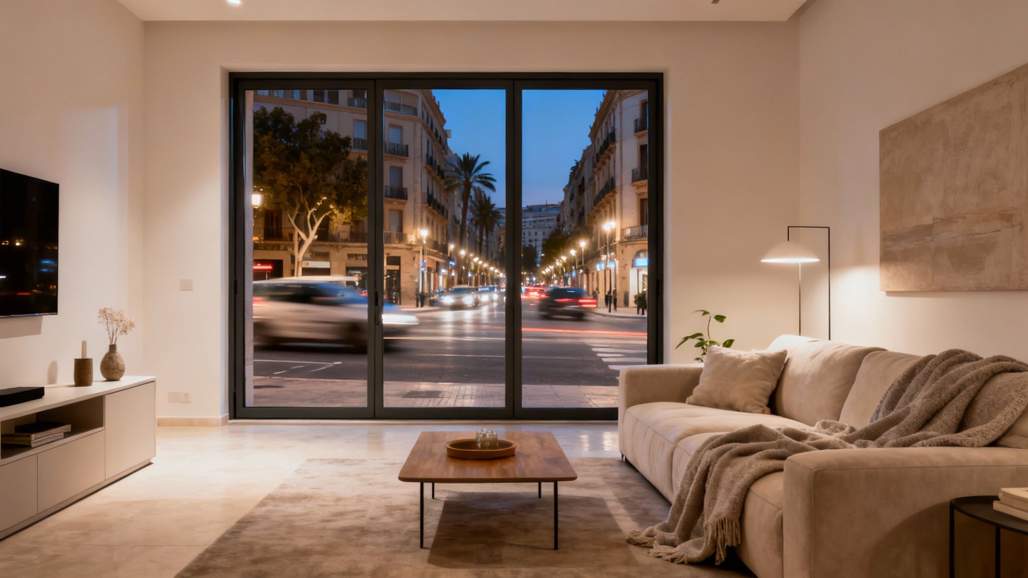 Certificados Energéticos | Aislamientos Acústicos y Térmicos en Valencia: Guía 2026 Salón moderno con ventanal grande que da a una calle urbana iluminada al anochecer, con tráfico de coches.