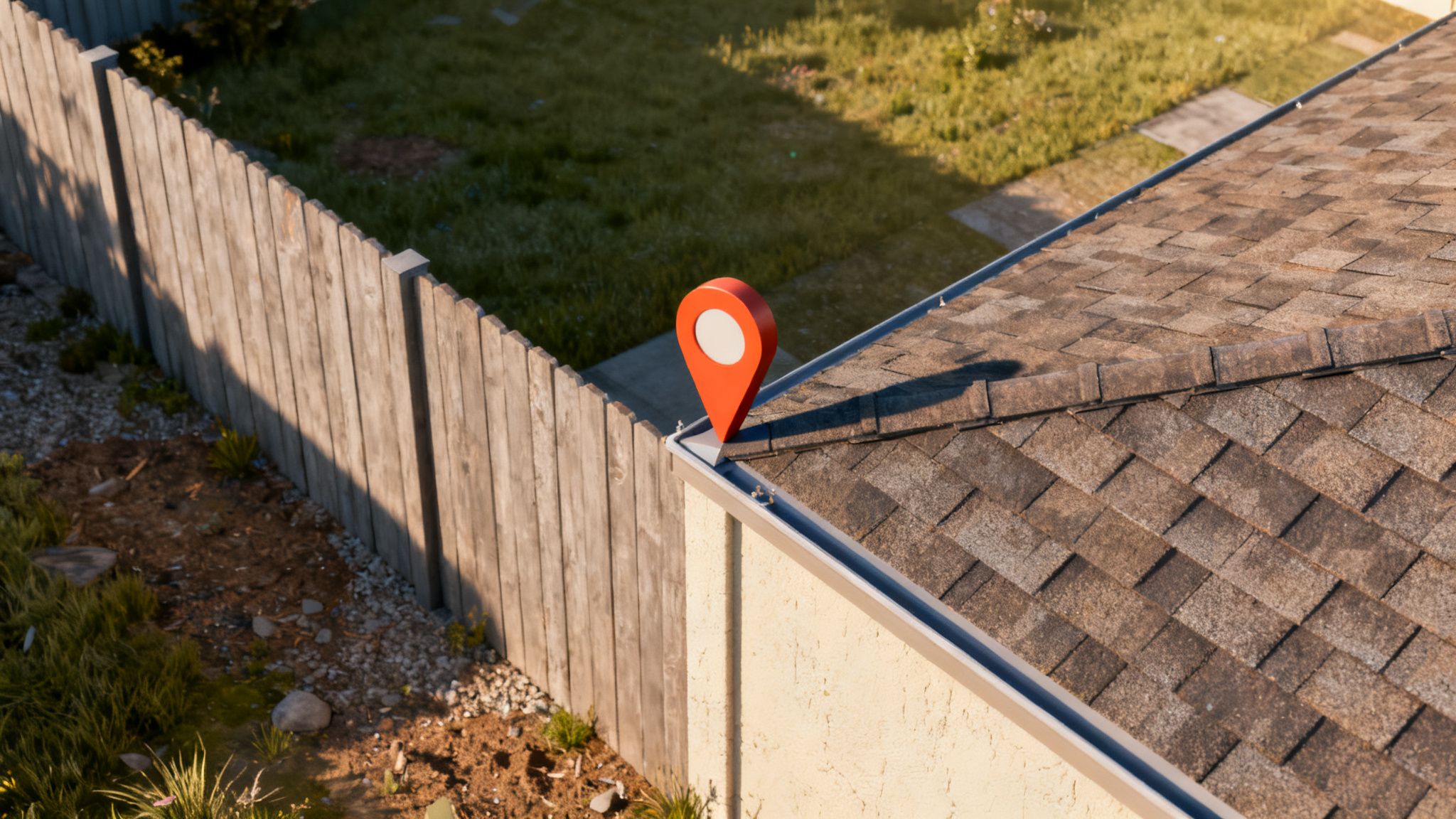 Vista aérea de un techo con tejas, una cerca de madera y un pin de mapa rojo, indicando una ubicación.