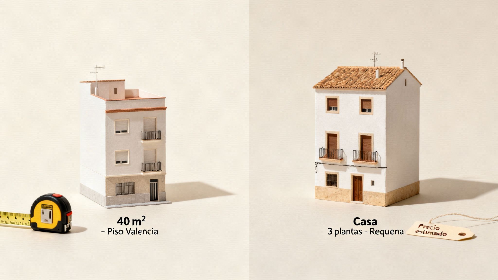 Certificados Energéticos | Certificado Energético vivienda precio: Tu guía en Valencia Maquetas de un piso de 40 m² en Valencia y una casa de 3 plantas en Requena con etiqueta de precio estimado, comparando propiedades.