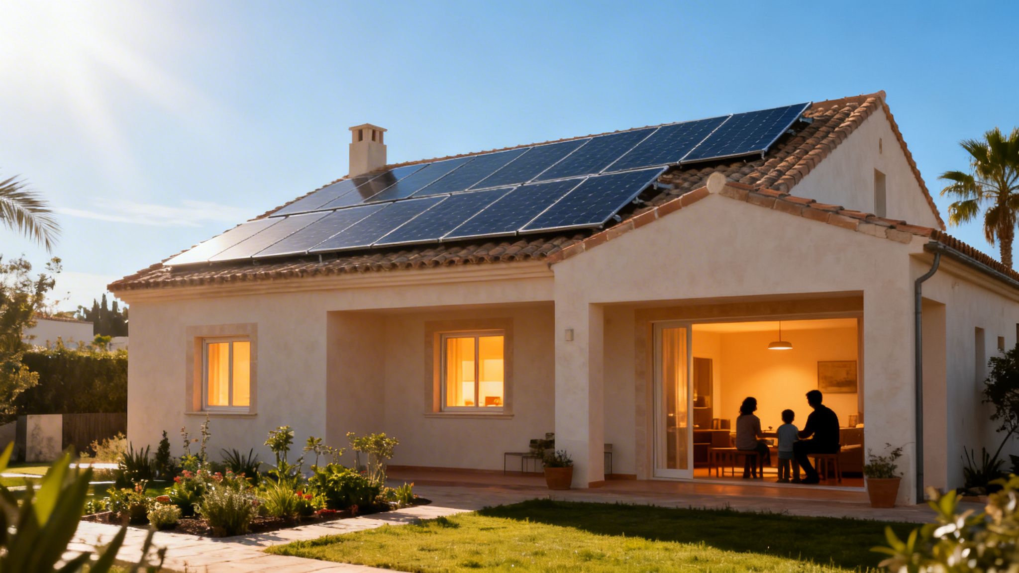 Certificados Energéticos | Guía Definitiva de Paneles Solares Autoconsumo en Valencia Una casa moderna con paneles solares en el tejado, una familia en el interior y un jardín soleado.