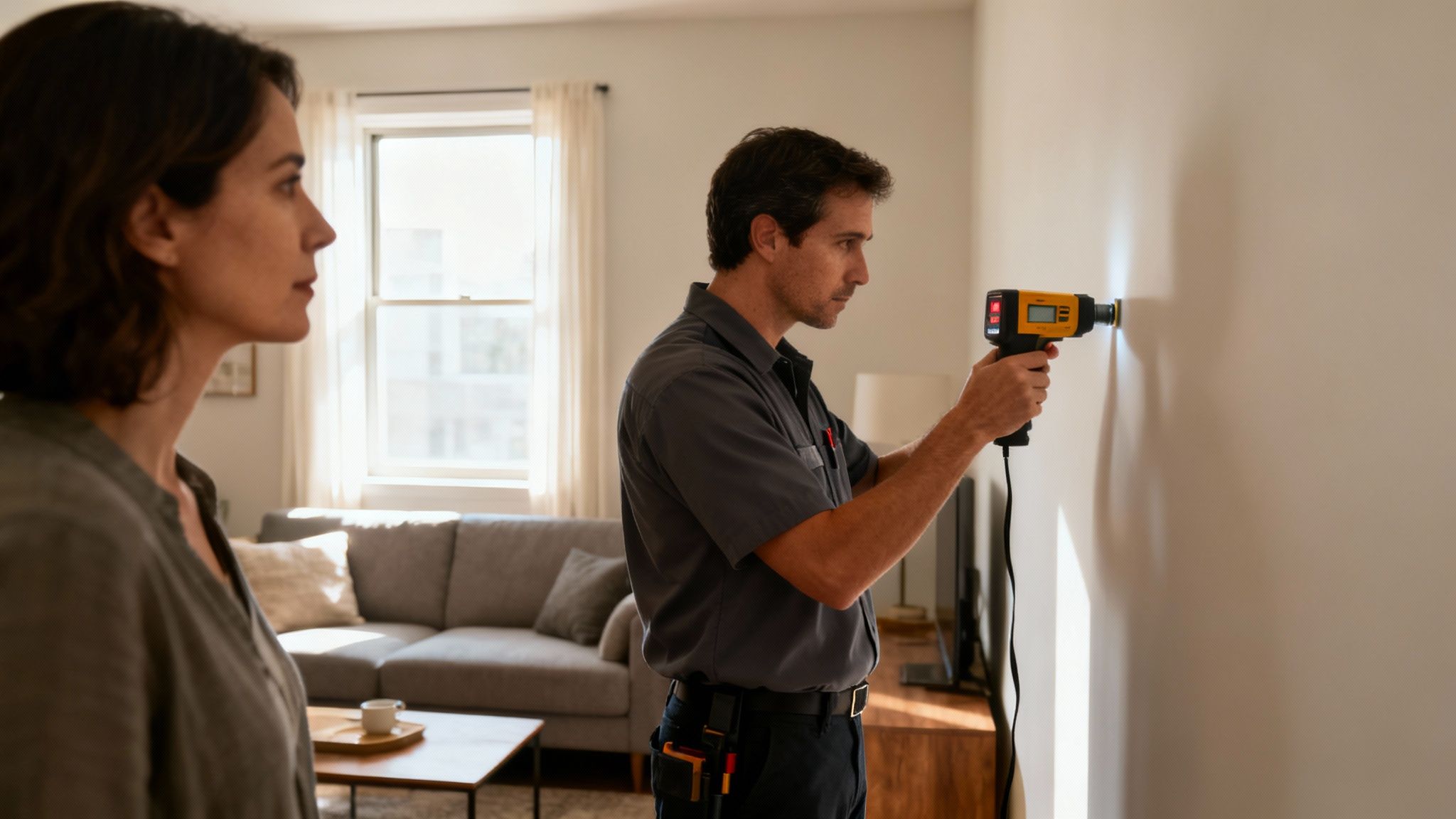 Certificados Energéticos | Conoce cuanto cuesta la Cédula de Habitabilidad en Valencia y cómo conseguirla Hombre técnico inspecciona una pared con un dispositivo, mientras una mujer observa en una casa.