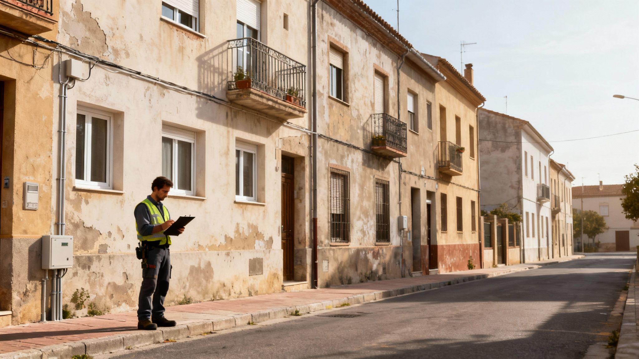 Certificados Energéticos | Certificado Energético para Vender Vivienda: Guía 2026 Técnico en chaleco reflectante revisa documentación para la certificación energética de una vivienda.