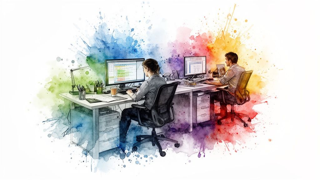 Watercolor illustration of two people coding at computers in a vibrant, splashy office.