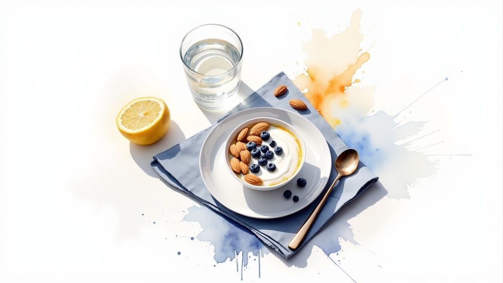 A healthy post-workout snack with yogurt, blueberries, almonds, water, and lemon on a napkin.