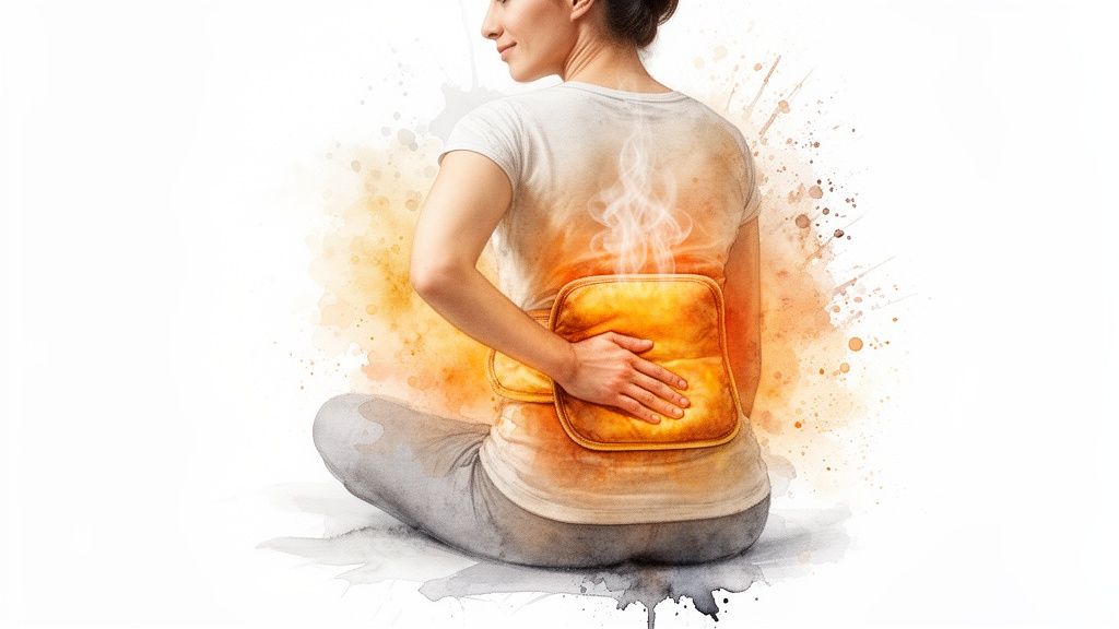 Woman applying a hot pack to her lower back for heat therapy and pain relief.