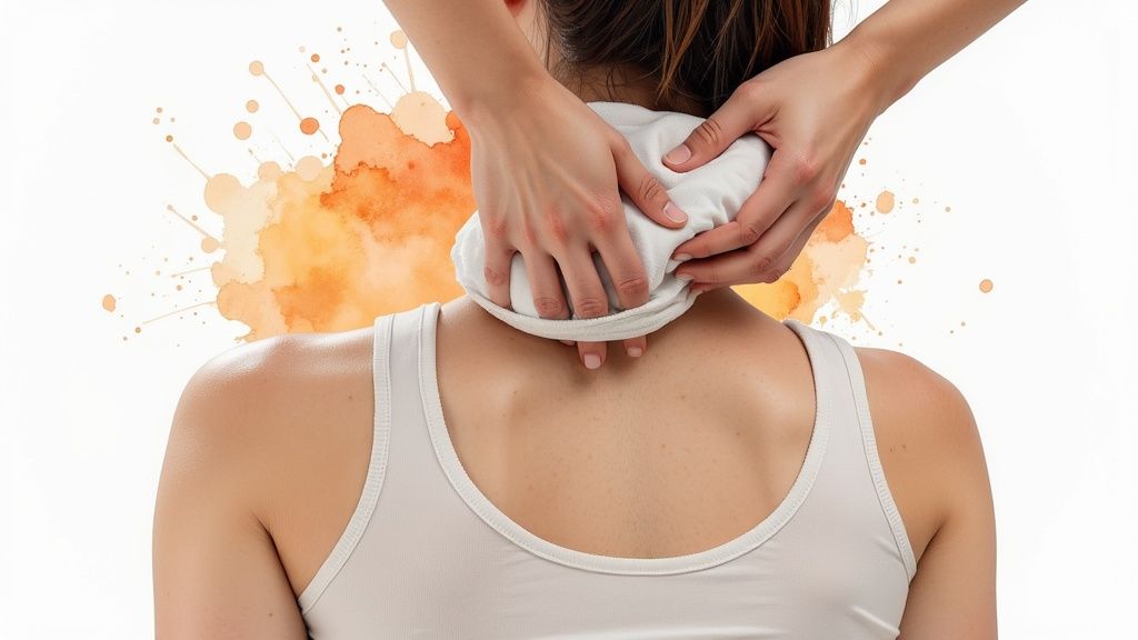 Woman applying heat compress therapy pack to neck and shoulder area for pain relief