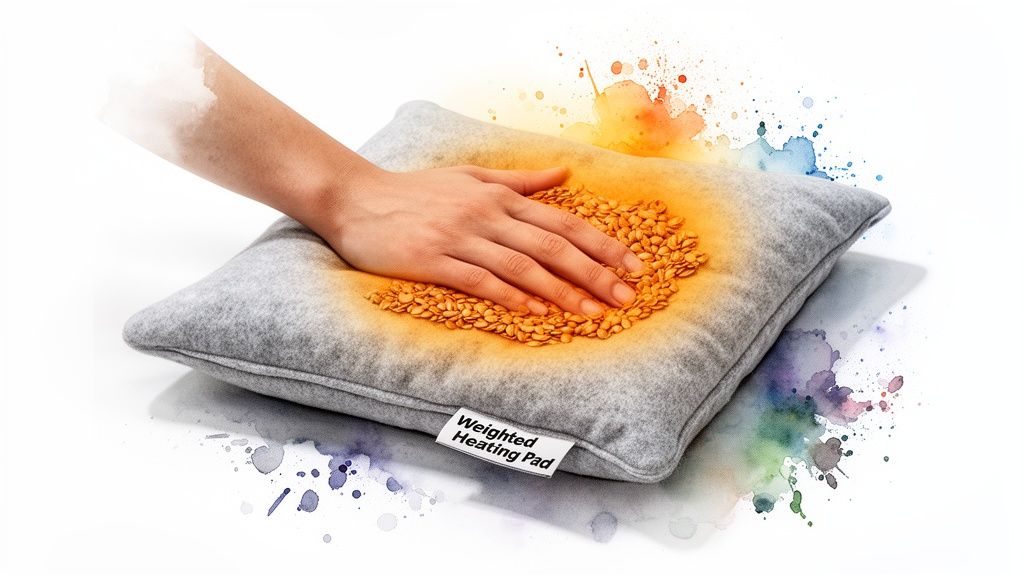 A hand rests on a gray weighted heating pad with warm, visible seeds and an orange glow.