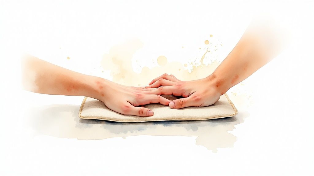 Two hands showing reddish marks rest gently on a beige heating pad, suggesting therapeutic relief.